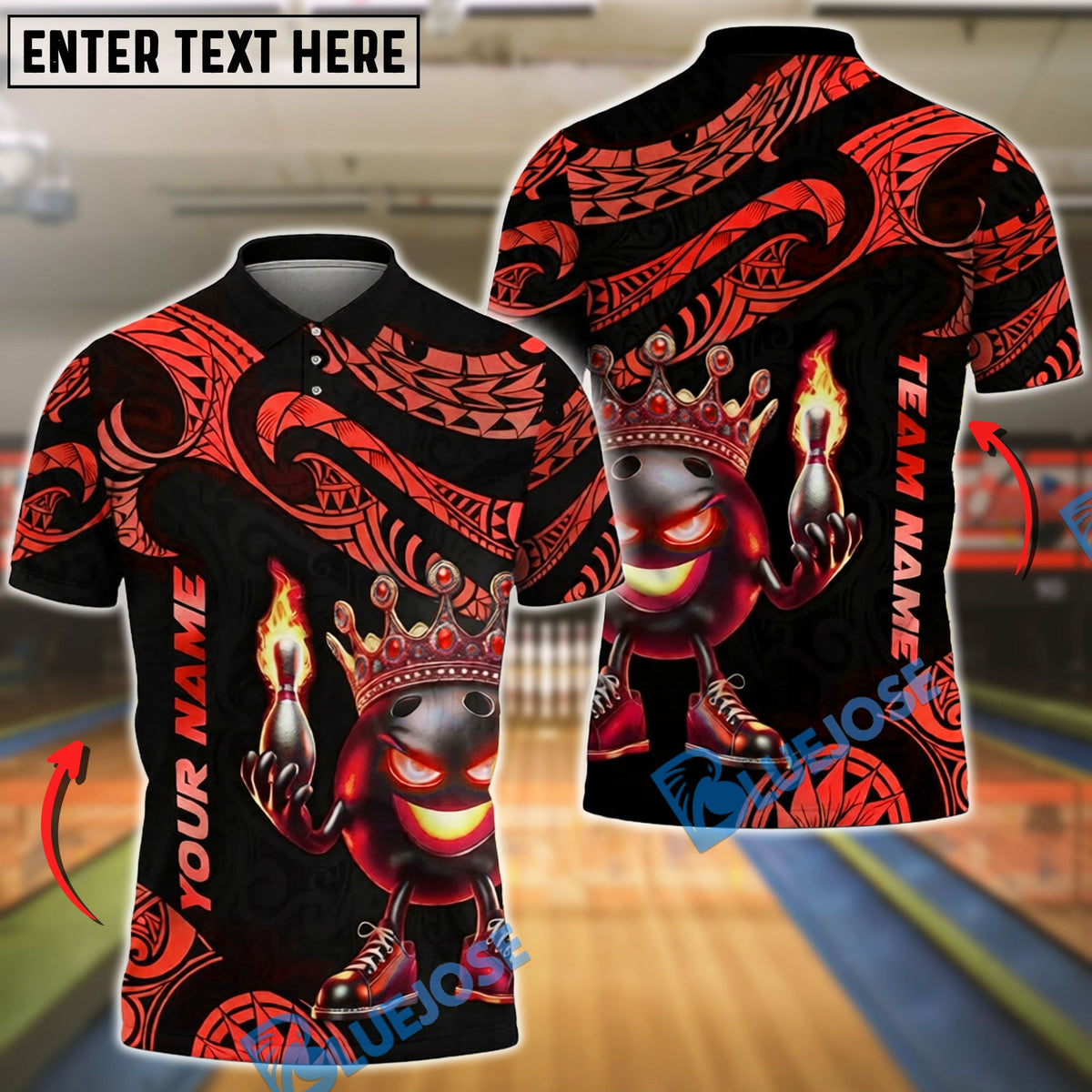 BlueJose Bowling & Pins Tribal Fire King Graphic Customized Name, Team Name 3D Shirt (4 Colors)