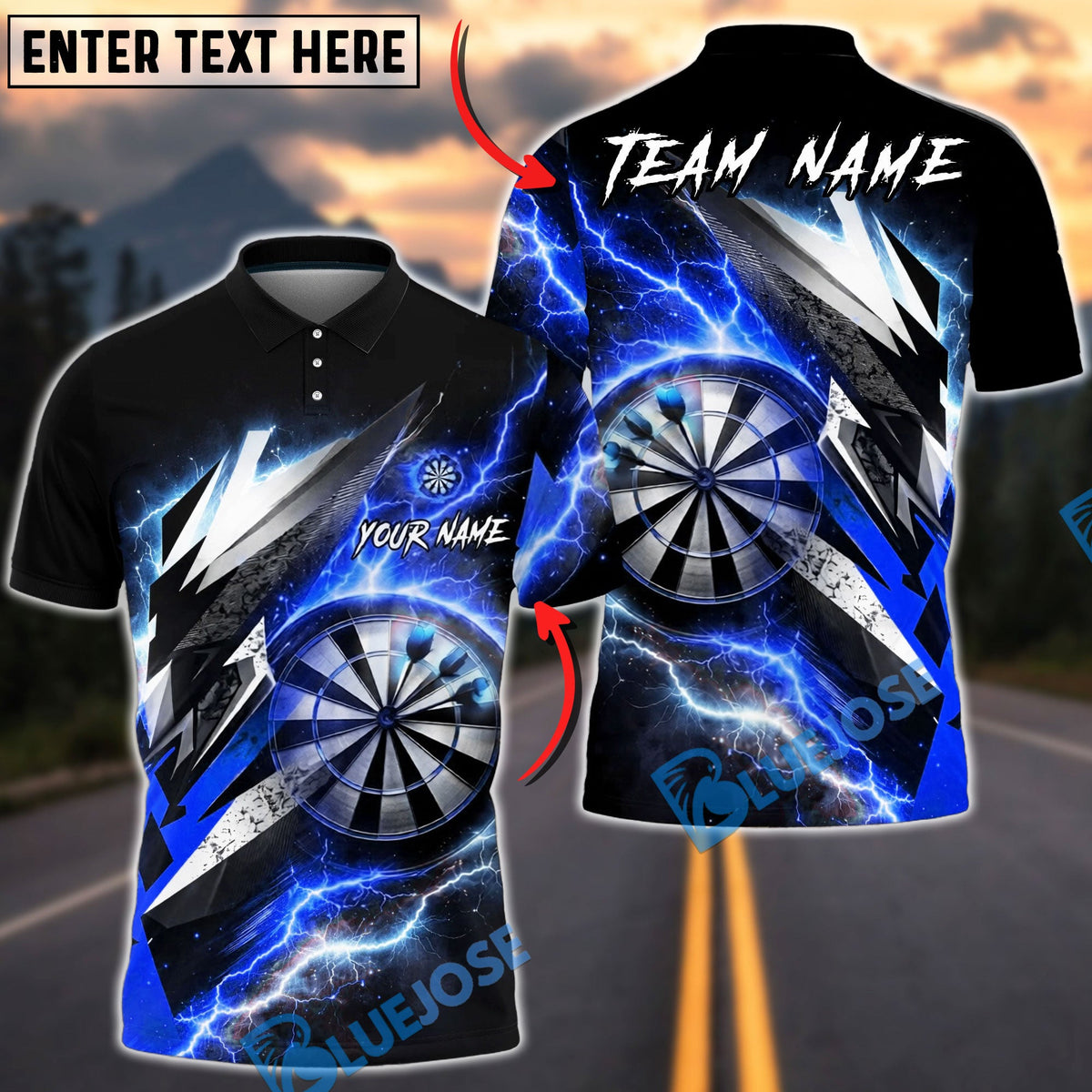 BlueJose Darts Epic Lightning Thunder Energy Strike Personalized Name, Team Name Unisex Shirt (6 Colors)