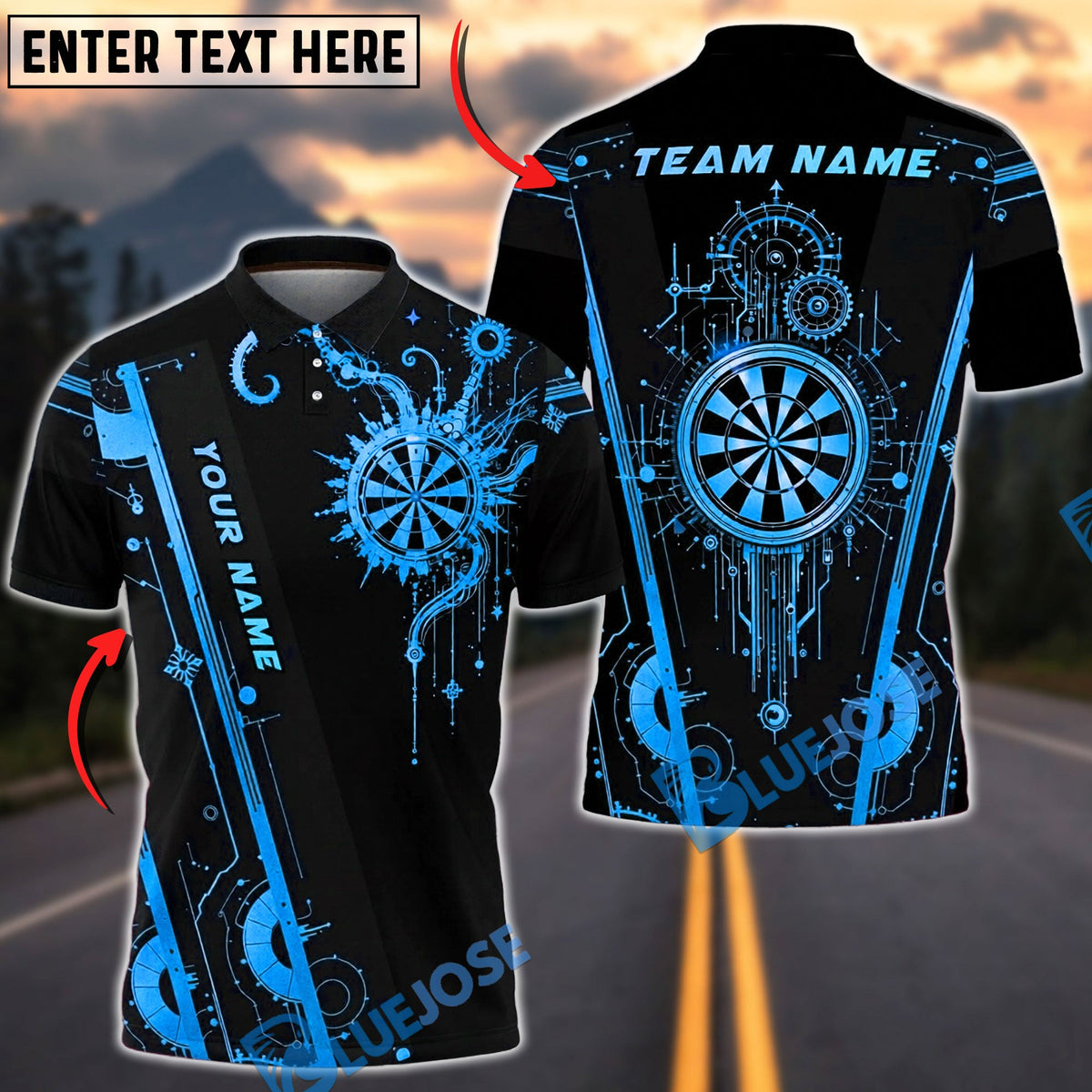BlueJose Darts Futuristic Tech Circuit Neon Target Cool Gamer Style Personalized Name, Team Name Unisex Shirt (6 Colors)