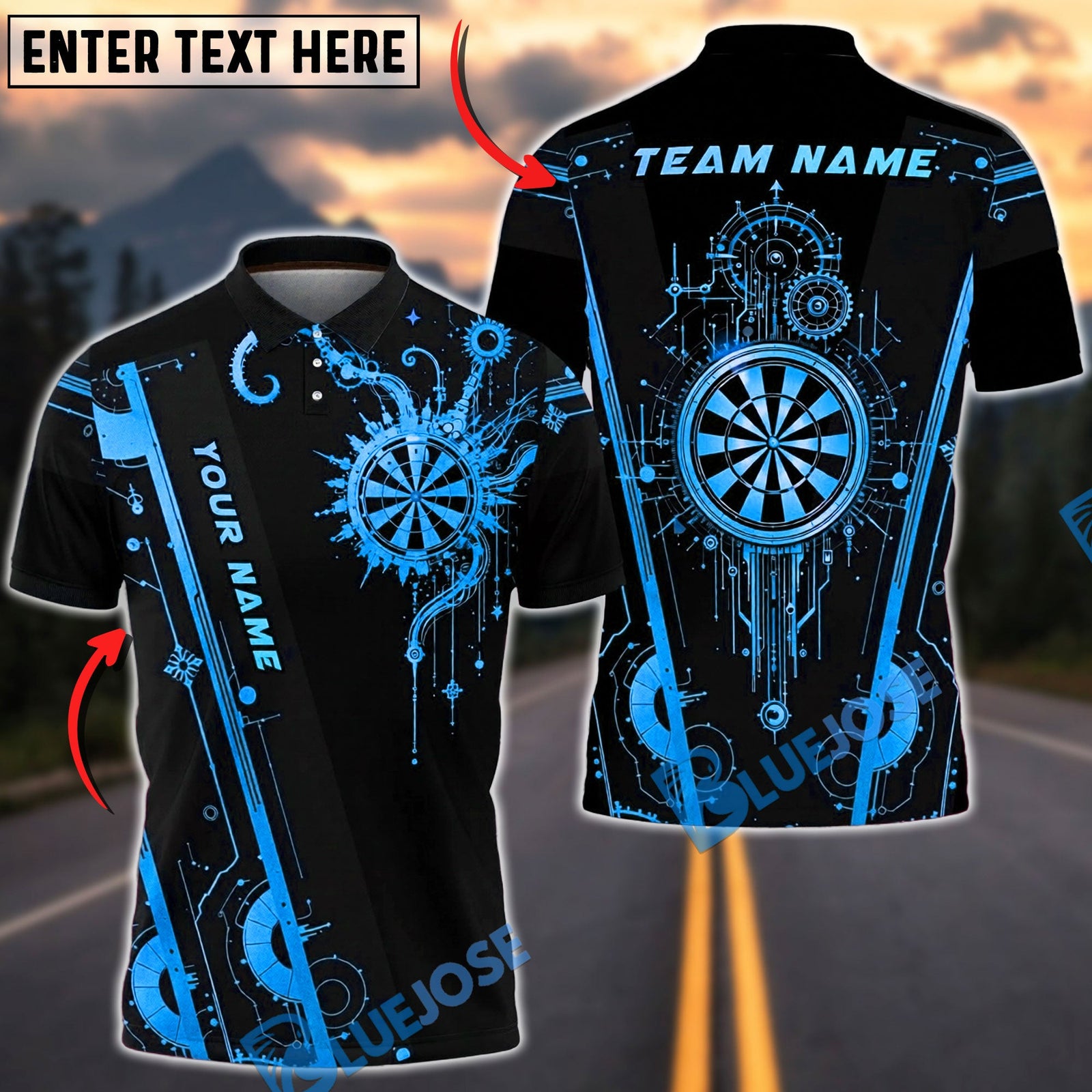 BlueJose Darts Futuristic Tech Circuit Neon Target Cool Gamer Style Personalized Name, Team Name Unisex Shirt (6 Colors)