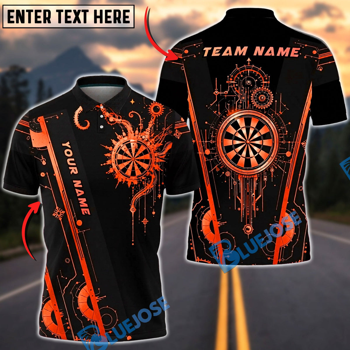 BlueJose Darts Futuristic Tech Circuit Neon Target Cool Gamer Style Personalized Name, Team Name Unisex Shirt (6 Colors)