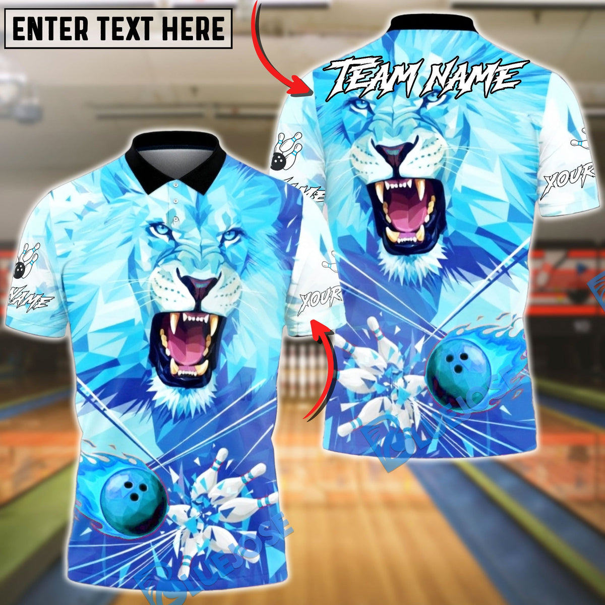 BlueJose Bowling &amp; Pins Ice Lion Power Strike Dynamic Style Customized Name, Team Name 3D Shirt (4 Colors)