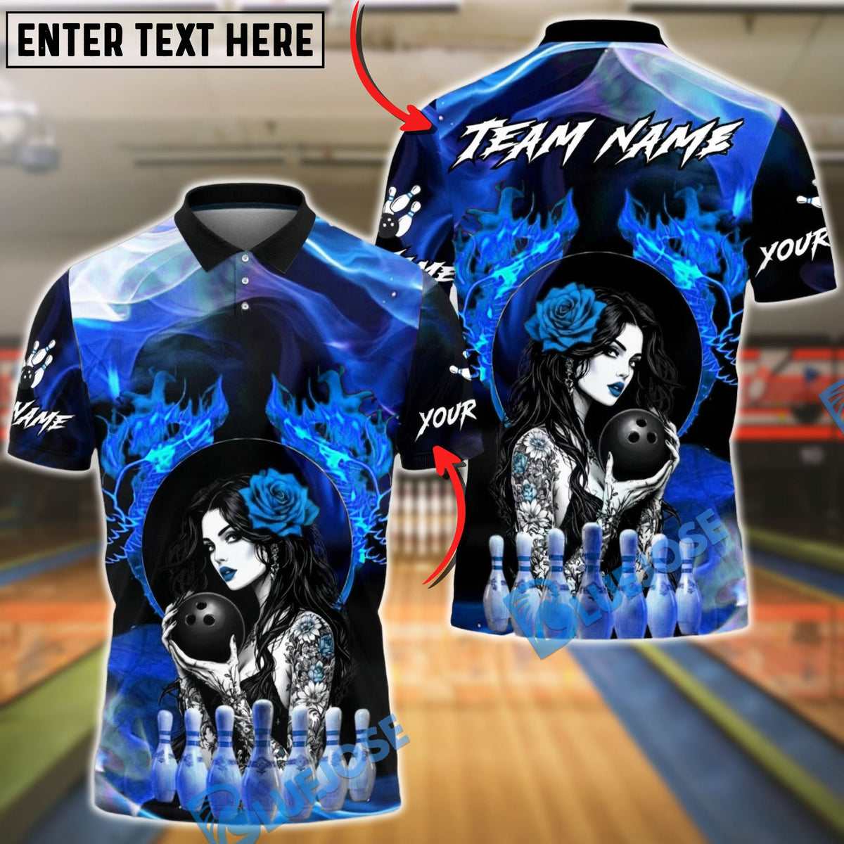 BlueJose Bowling & Pins Sexy Gothic Woman Flame Rose Customized Name, Team Name 3D Shirt (4 Colors)