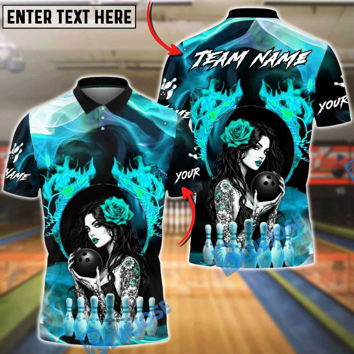 BlueJose Bowling & Pins Sexy Gothic Woman Flame Rose Customized Name, Team Name 3D Shirt (4 Colors)
