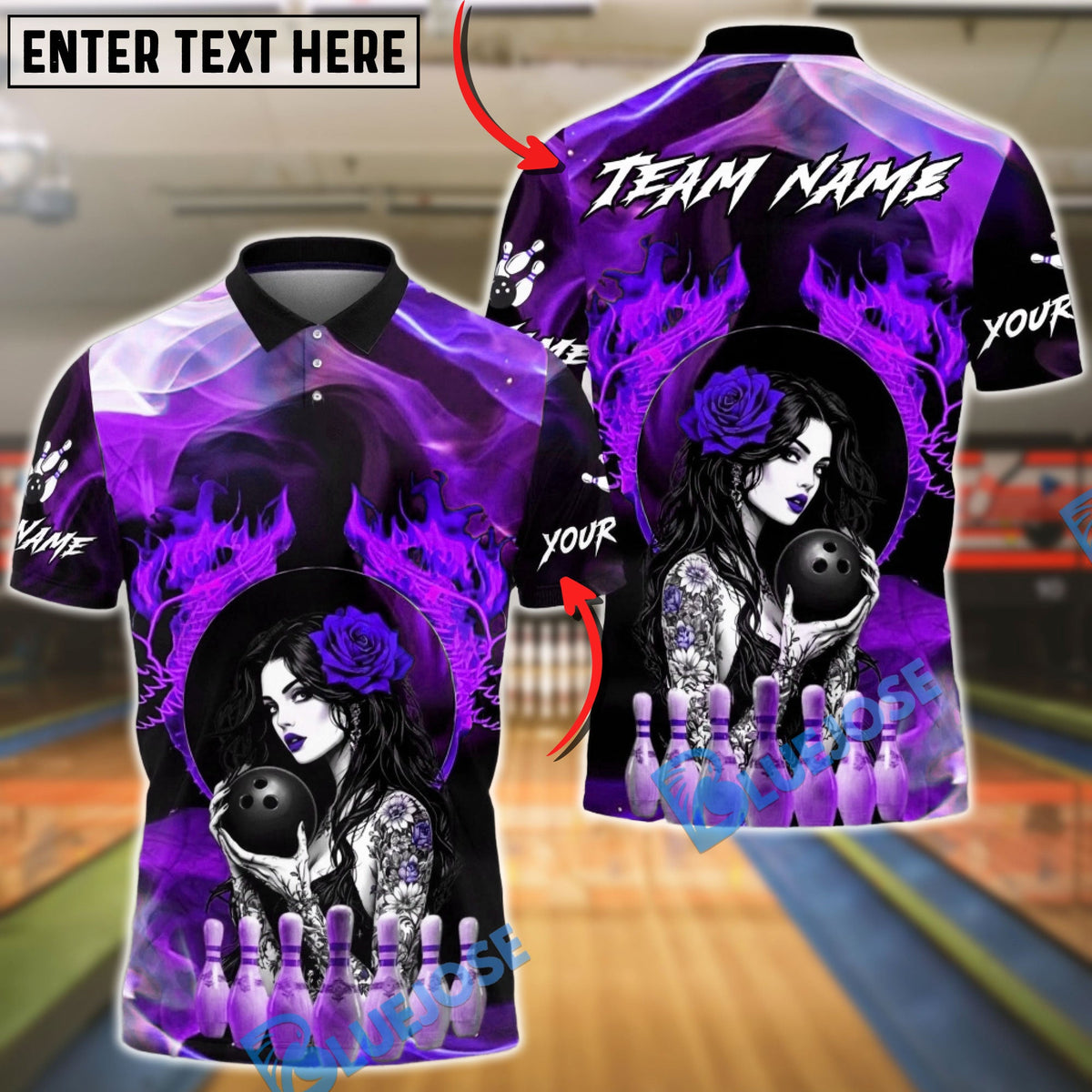 BlueJose Bowling & Pins Sexy Gothic Woman Flame Rose Customized Name, Team Name 3D Shirt (4 Colors)