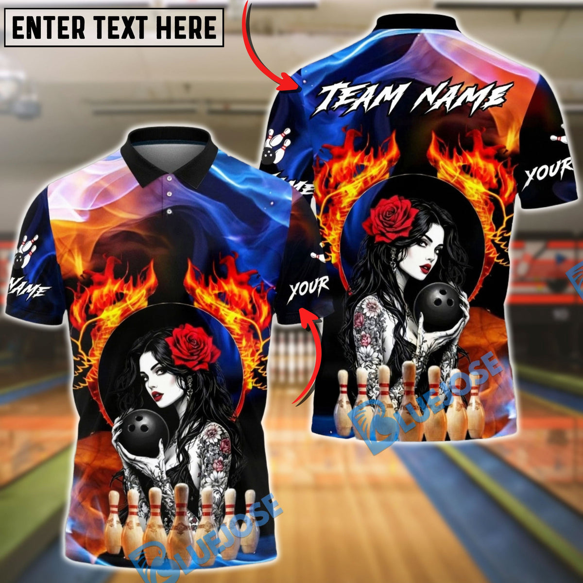 BlueJose Bowling &amp; Pins Sexy Gothic Woman Flame Rose Customized Name, Team Name 3D Shirt (4 Colors)