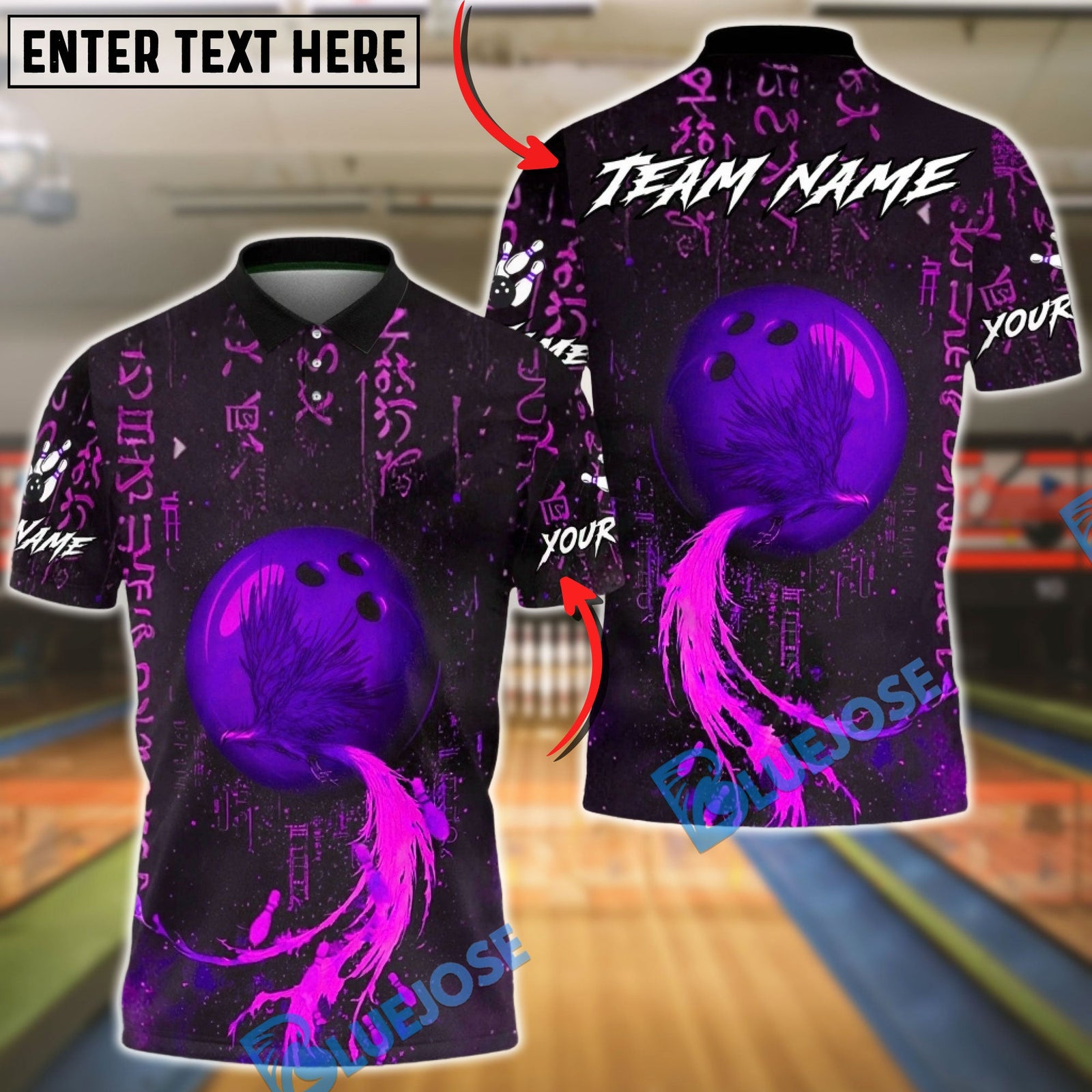 BlueJose Bowling & Pins Flaming Phoenix Fire Trail Mystic Style Customized Name, Team Name 3D Shirt (4 Colors)