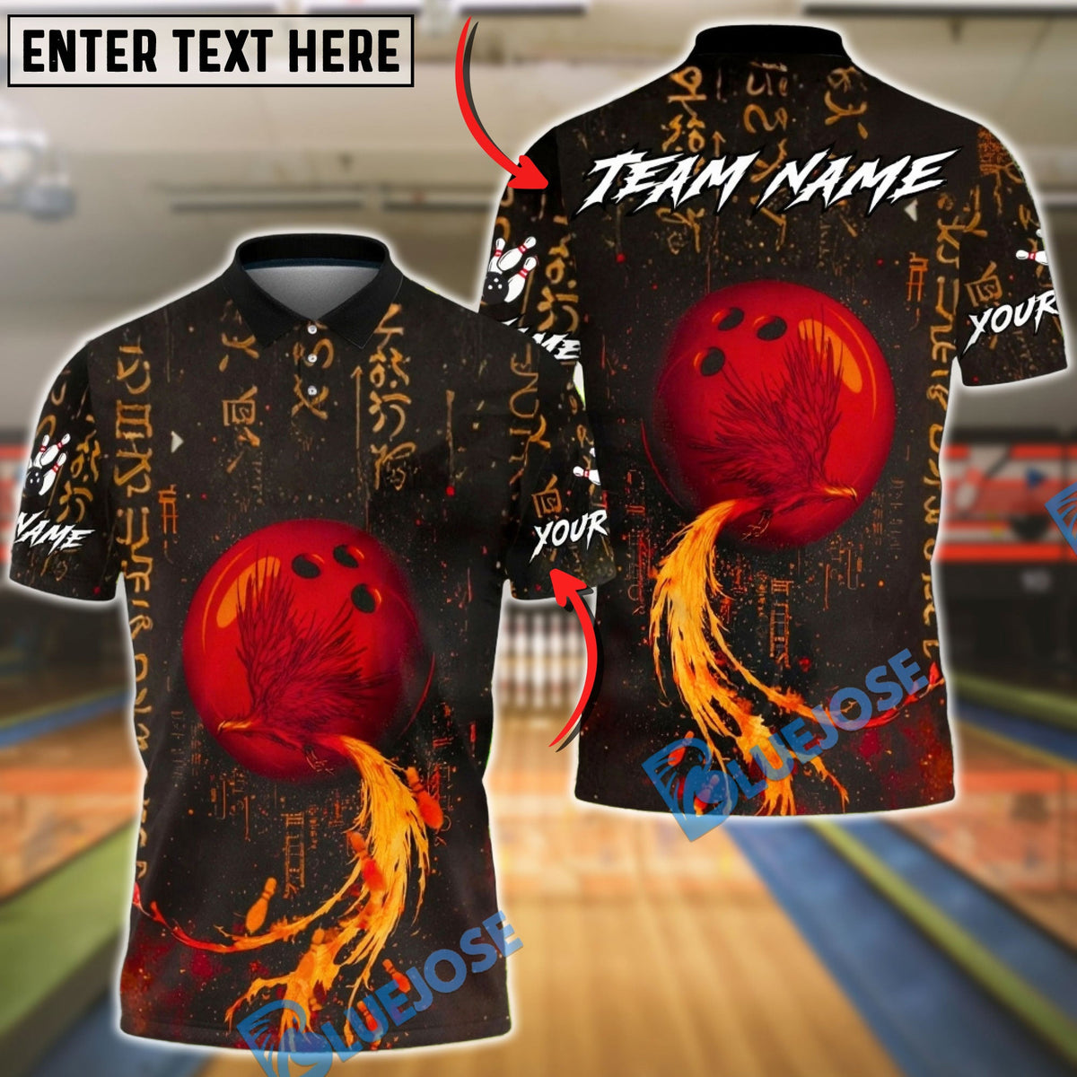 BlueJose Bowling &amp; Pins Flaming Phoenix Fire Trail Mystic Style Customized Name, Team Name 3D Shirt (4 Colors)