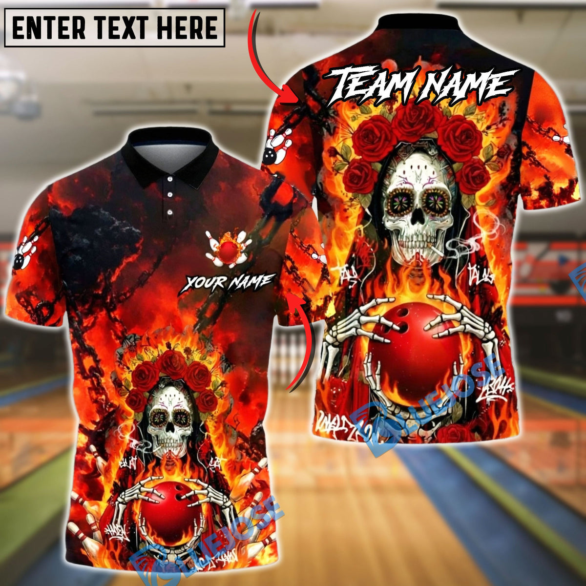 BlueJose Bowling &amp; Pins Fiery Sugar Skull Rose Flame Gothic Team Style Customized Name, Team Name 3D Shirt (4 Colors)