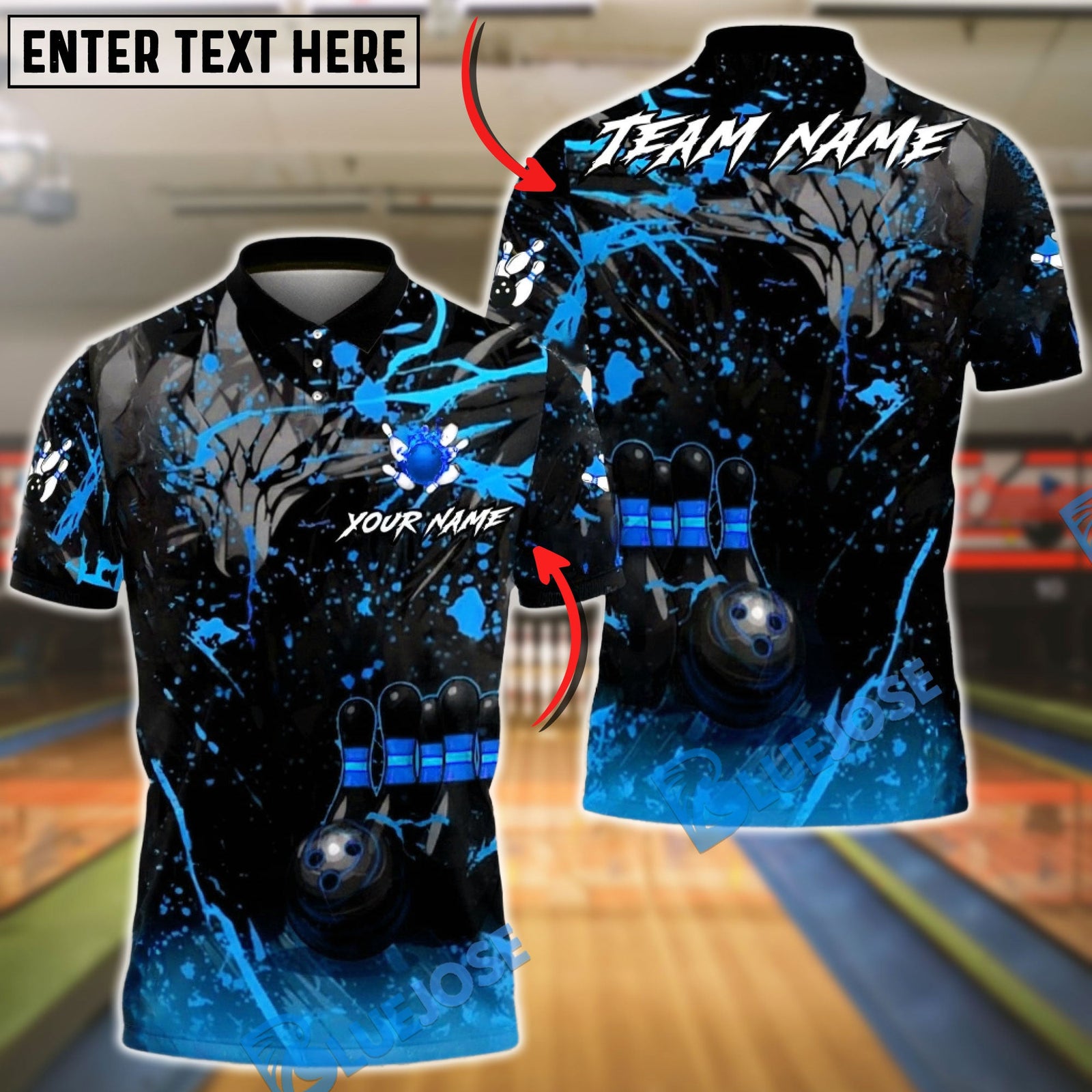 BlueJose Bowling & Pins Black Gold Flame Splash League Style Customized Name, Team Name 3D Shirt (6 Colors)