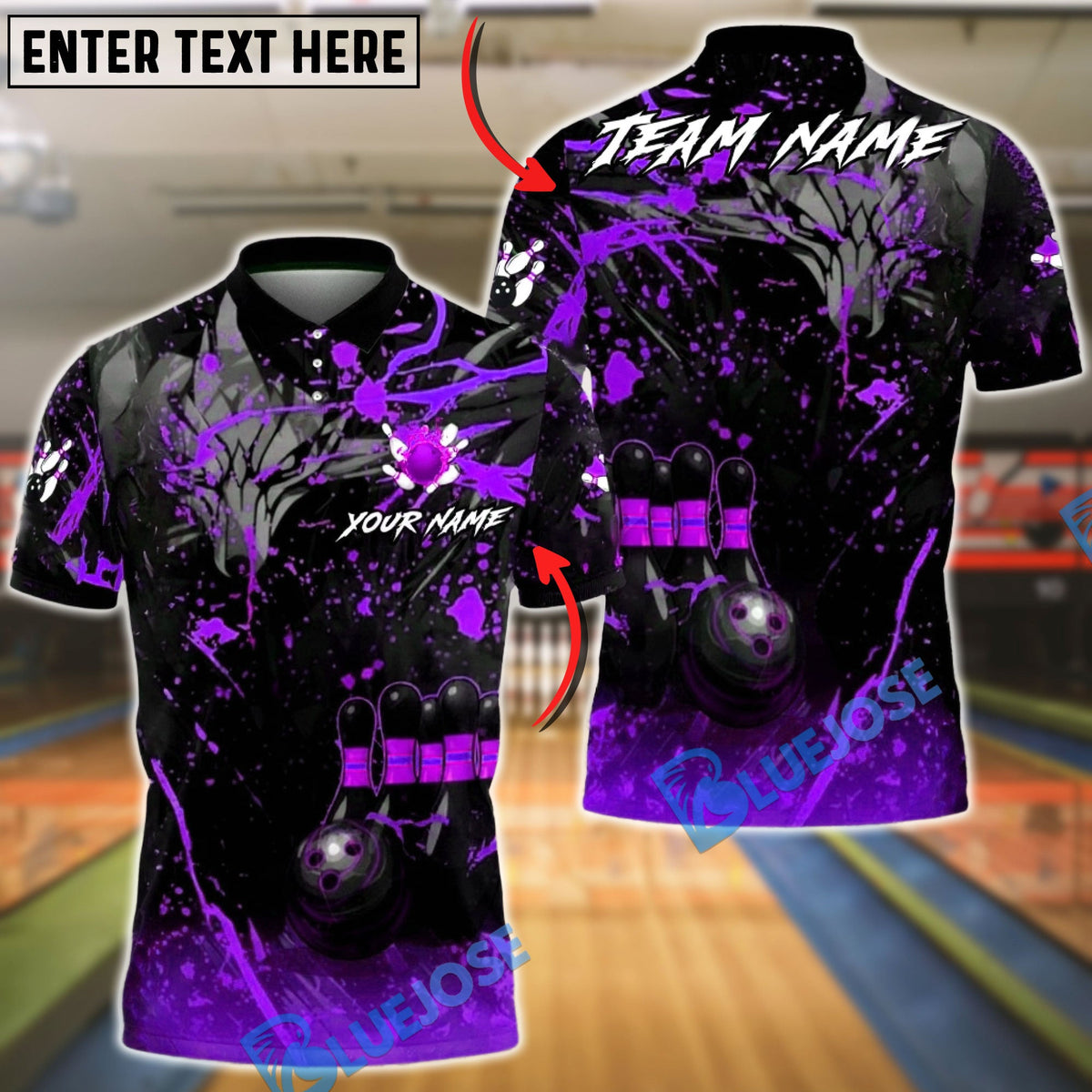 BlueJose Bowling & Pins Black Gold Flame Splash League Style Customized Name, Team Name 3D Shirt (6 Colors)