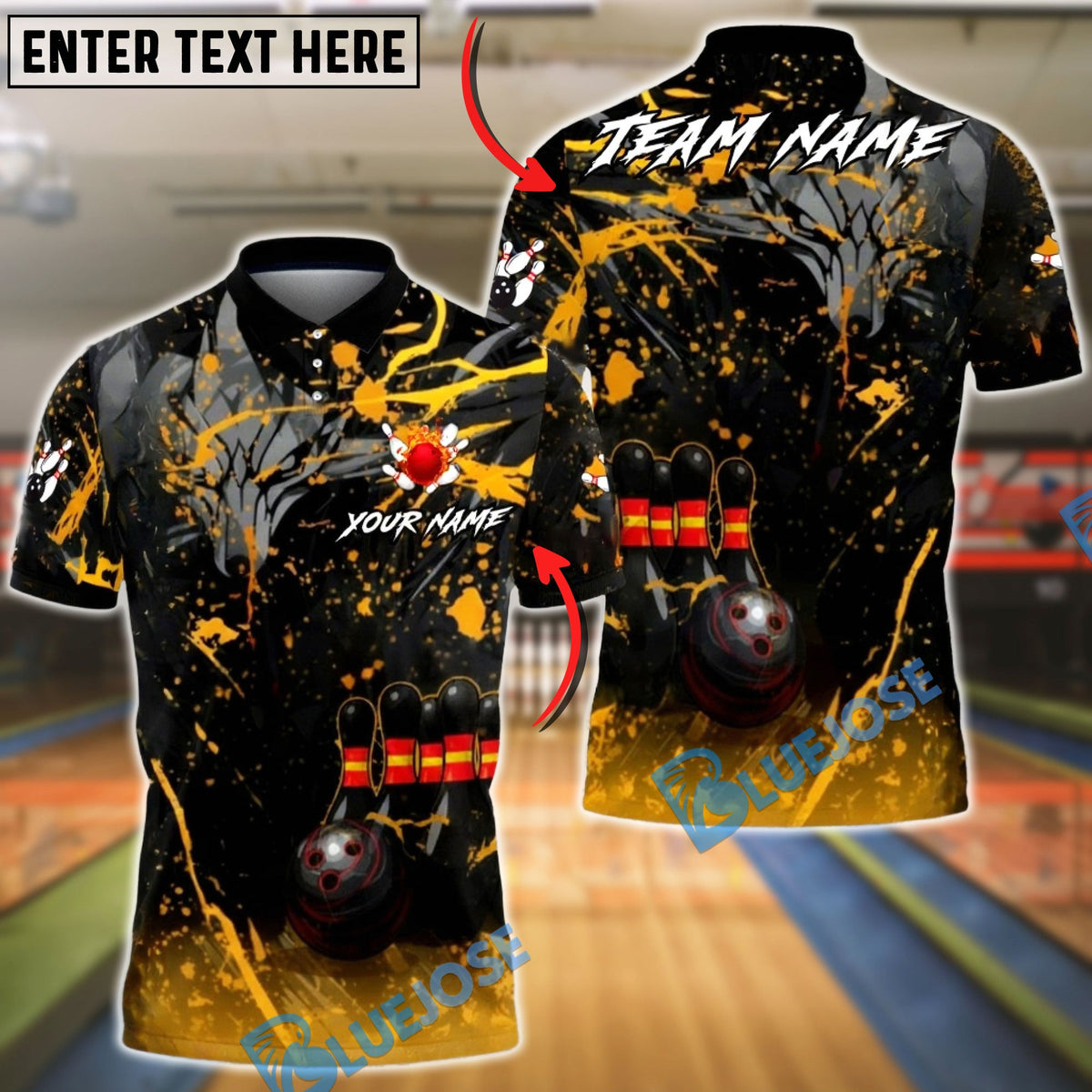 BlueJose Bowling &amp; Pins Black Gold Flame Splash League Style Customized Name, Team Name 3D Shirt (6 Colors)
