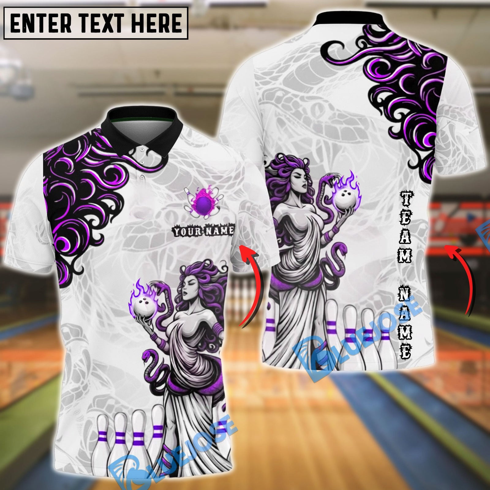 BlueJose Bowling & Pins Medusa Goddess Flame Tribal Customized Name, Team Name 3D Shirt (4 Colors)