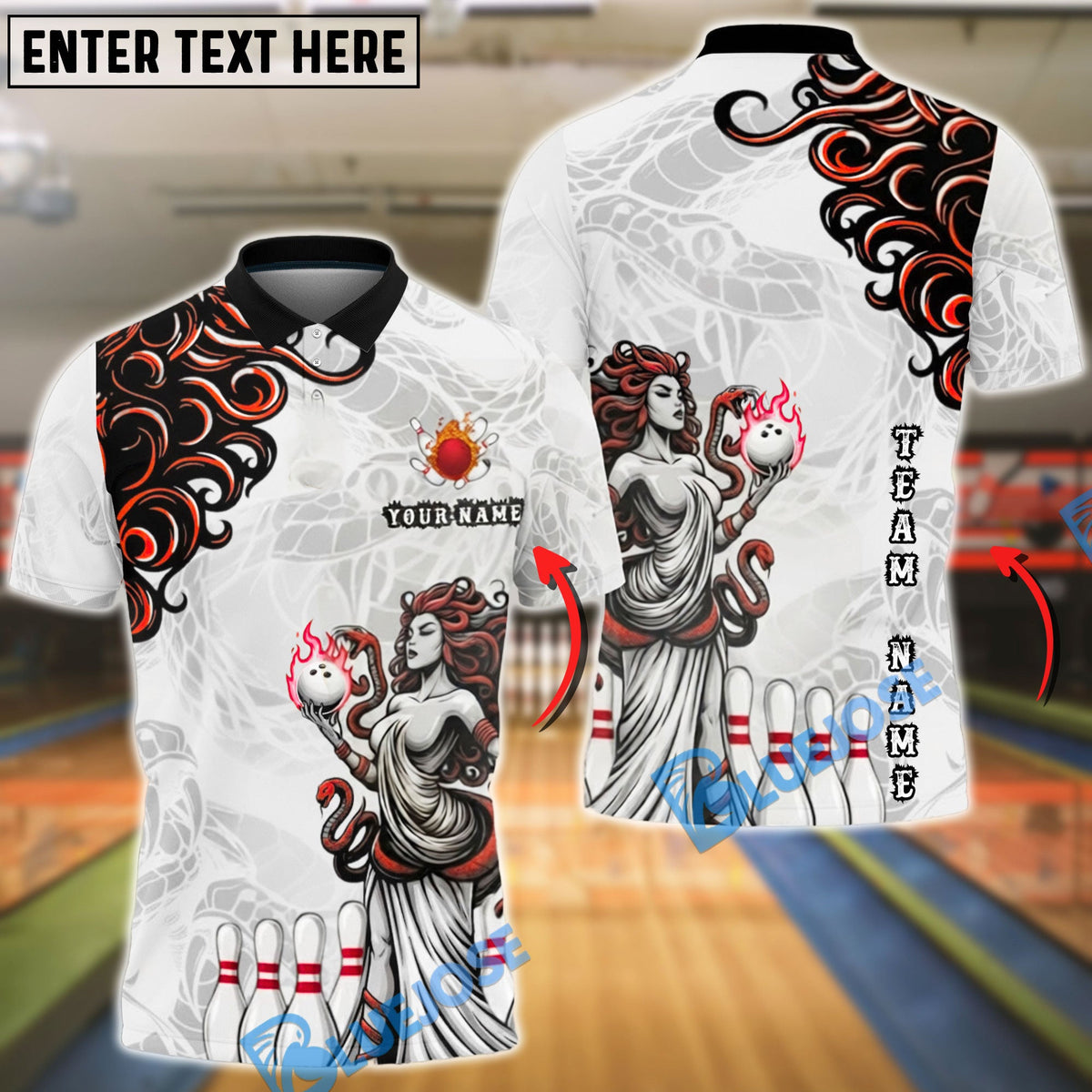 BlueJose Bowling &amp; Pins Medusa Goddess Flame Tribal Customized Name, Team Name 3D Shirt (4 Colors)