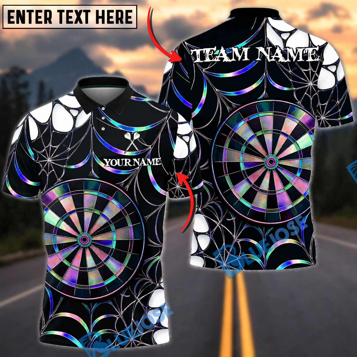 BlueJose Darts Spider Web Holographic Dartboard Dark Gothic Pattern  Personalized Name, Team Name Unisex Shirt (4 Colors)