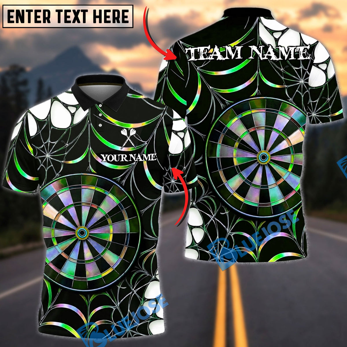 BlueJose Darts Spider Web Holographic Dartboard Dark Gothic Pattern  Personalized Name, Team Name Unisex Shirt (4 Colors)