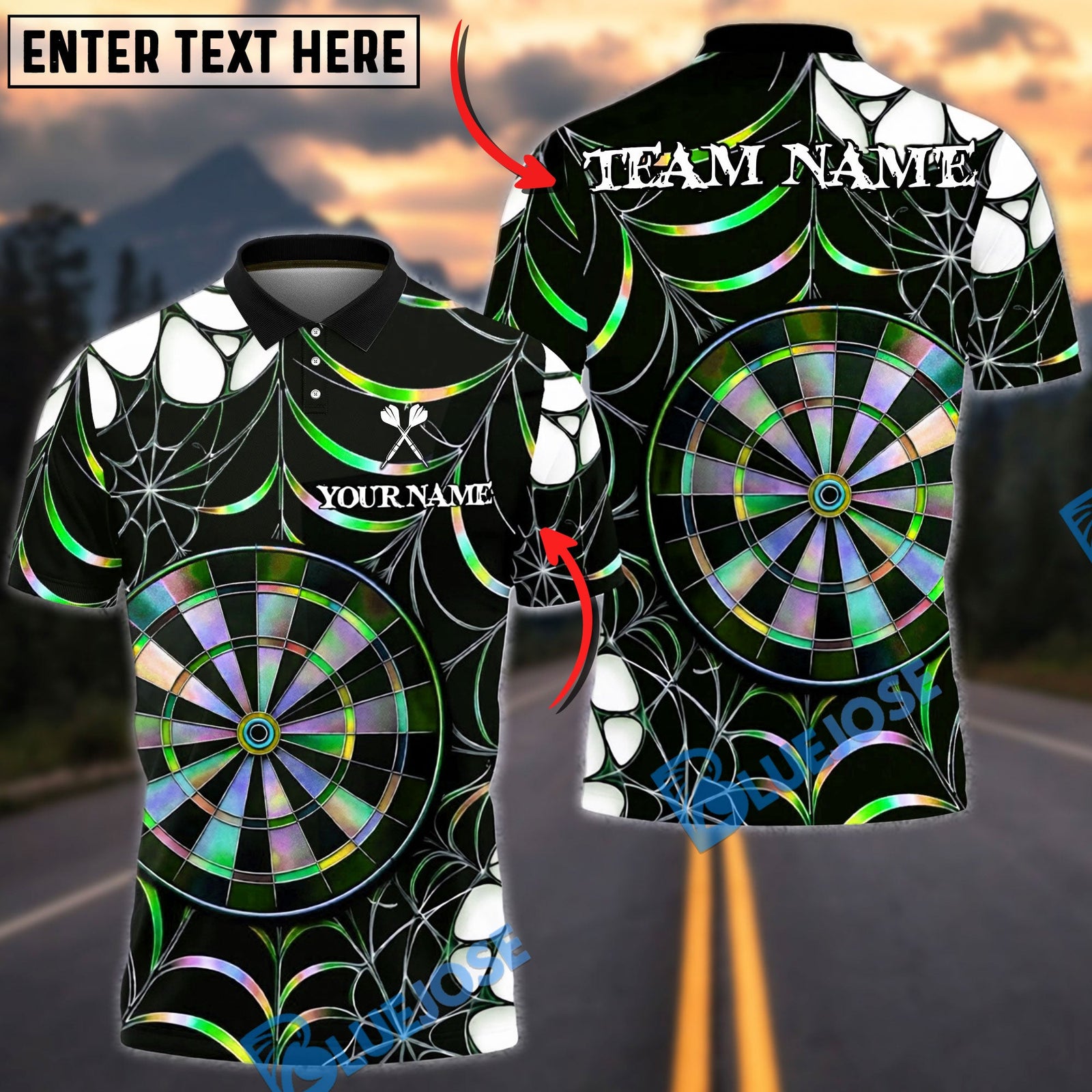 BlueJose Darts Spider Web Holographic Dartboard Dark Gothic Pattern  Personalized Name, Team Name Unisex Shirt (4 Colors)
