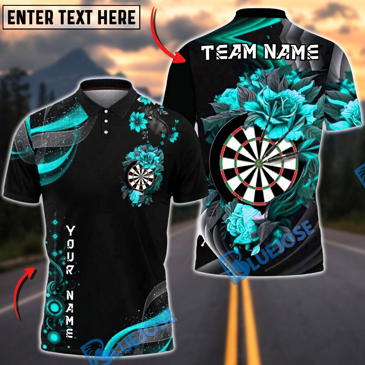 BlueJose Darts Minimal Dartboard Floral Swirl Modern Clean Style Personalized Name, Team Name Unisex Shirt (4 Colors)