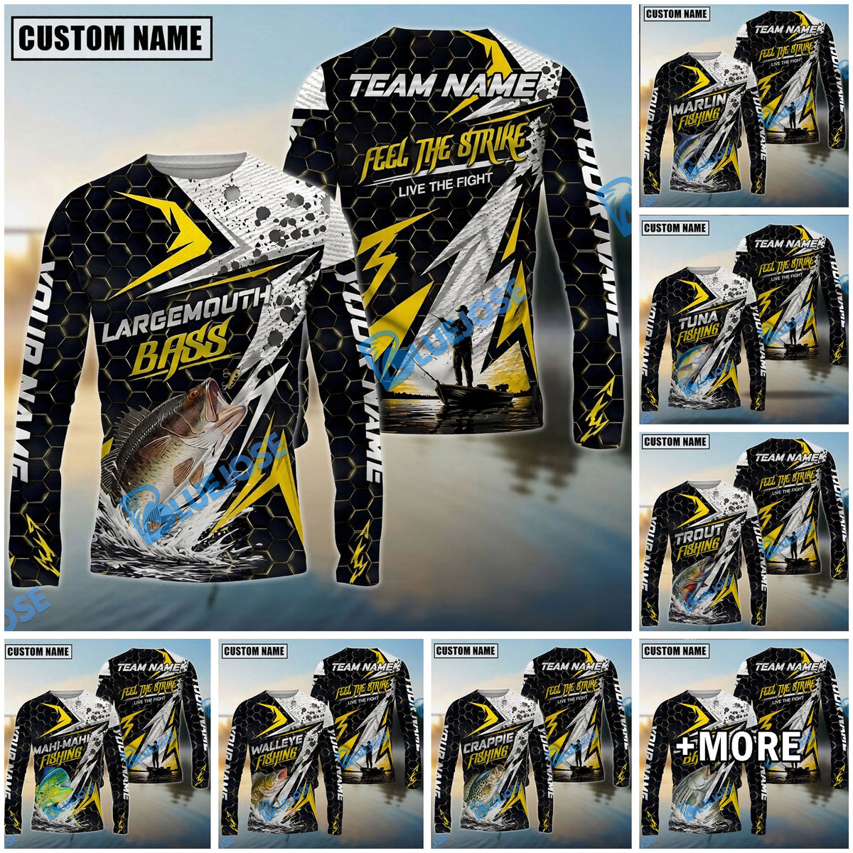 Bluejose Fishing Yellow Thunder Hexagonal Splatter Custom Name &amp; Team Name 3D Shirts (12 Breeds)