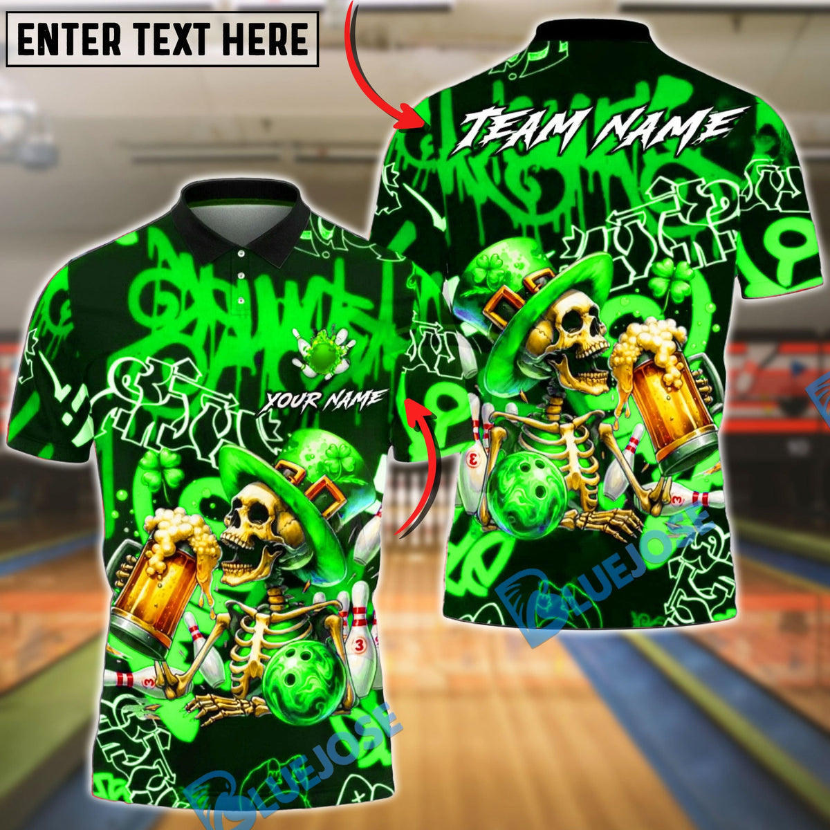 BlueJose Bowling &amp; Pins Irish St Patrick Day Skeleton Beer Party Customized Name, Team Name 3D Shirt (4 Colors)
