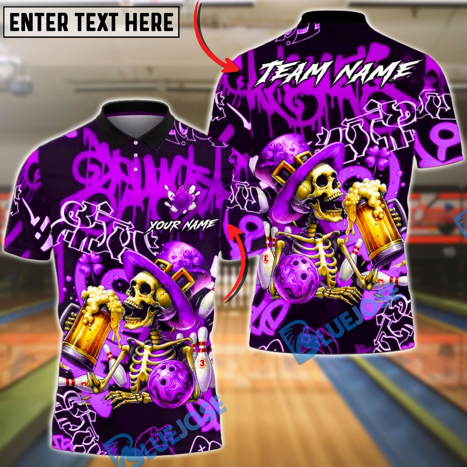 BlueJose Bowling & Pins Irish St Patrick Day Skeleton Beer Party Customized Name, Team Name 3D Shirt (4 Colors)