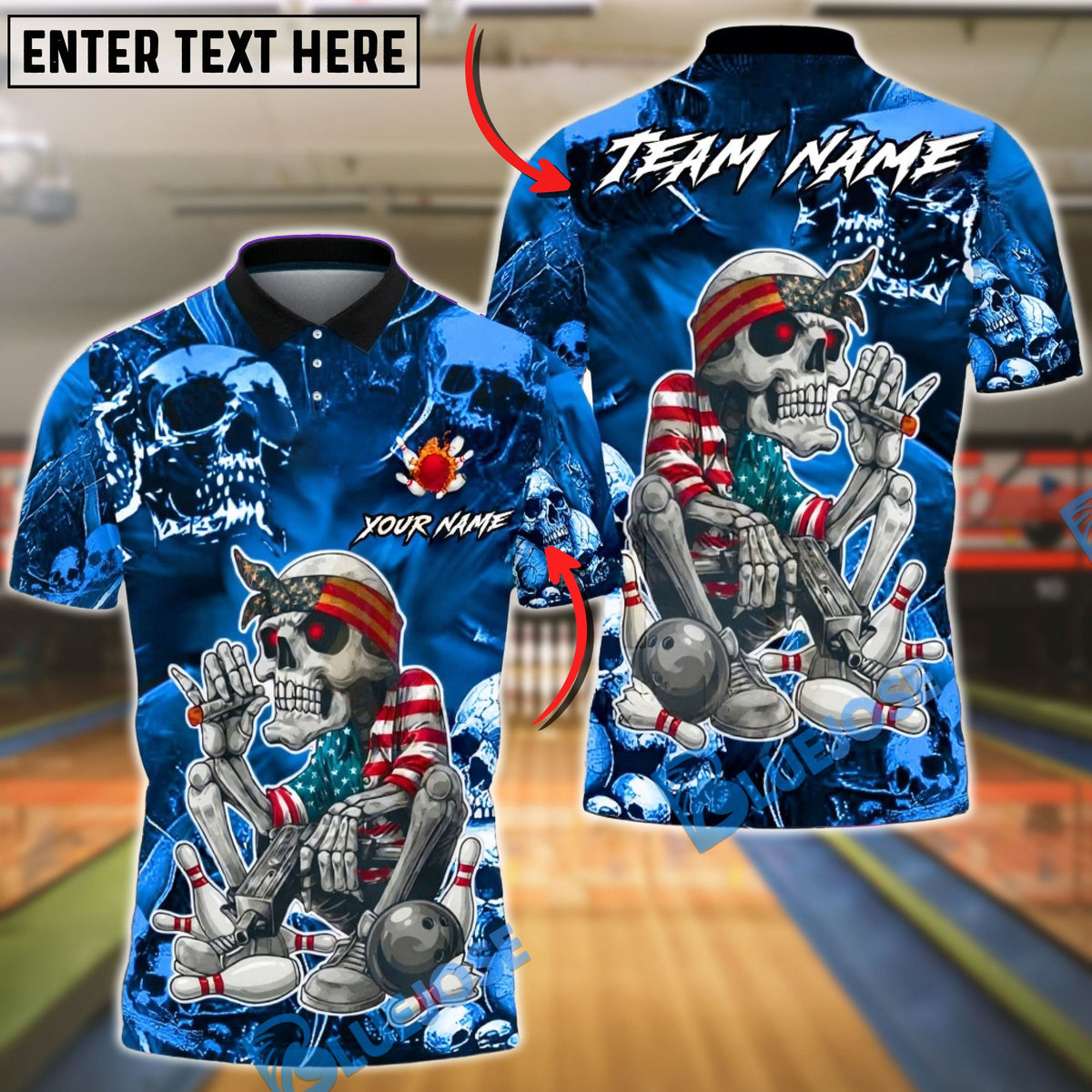 BlueJose Bowling &amp; Pins American Patriot Skeleton Cigar Art Customized Name, Team Name 3D Shirt (4 Colors)