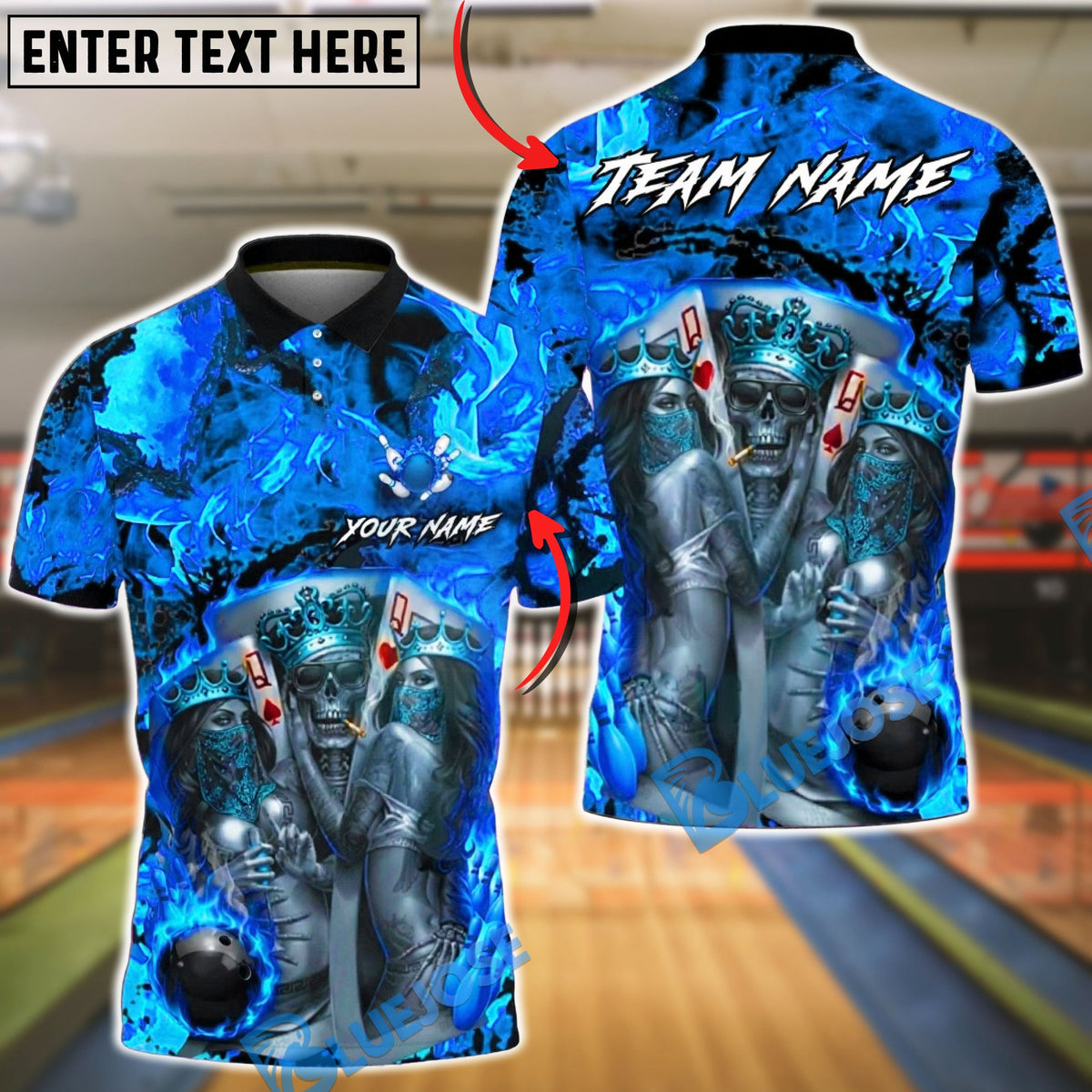 BlueJose Bowling & Pins Royal Skull King Queen Casino Art  Customized Name, Team Name 3D Shirt (4 Colors)