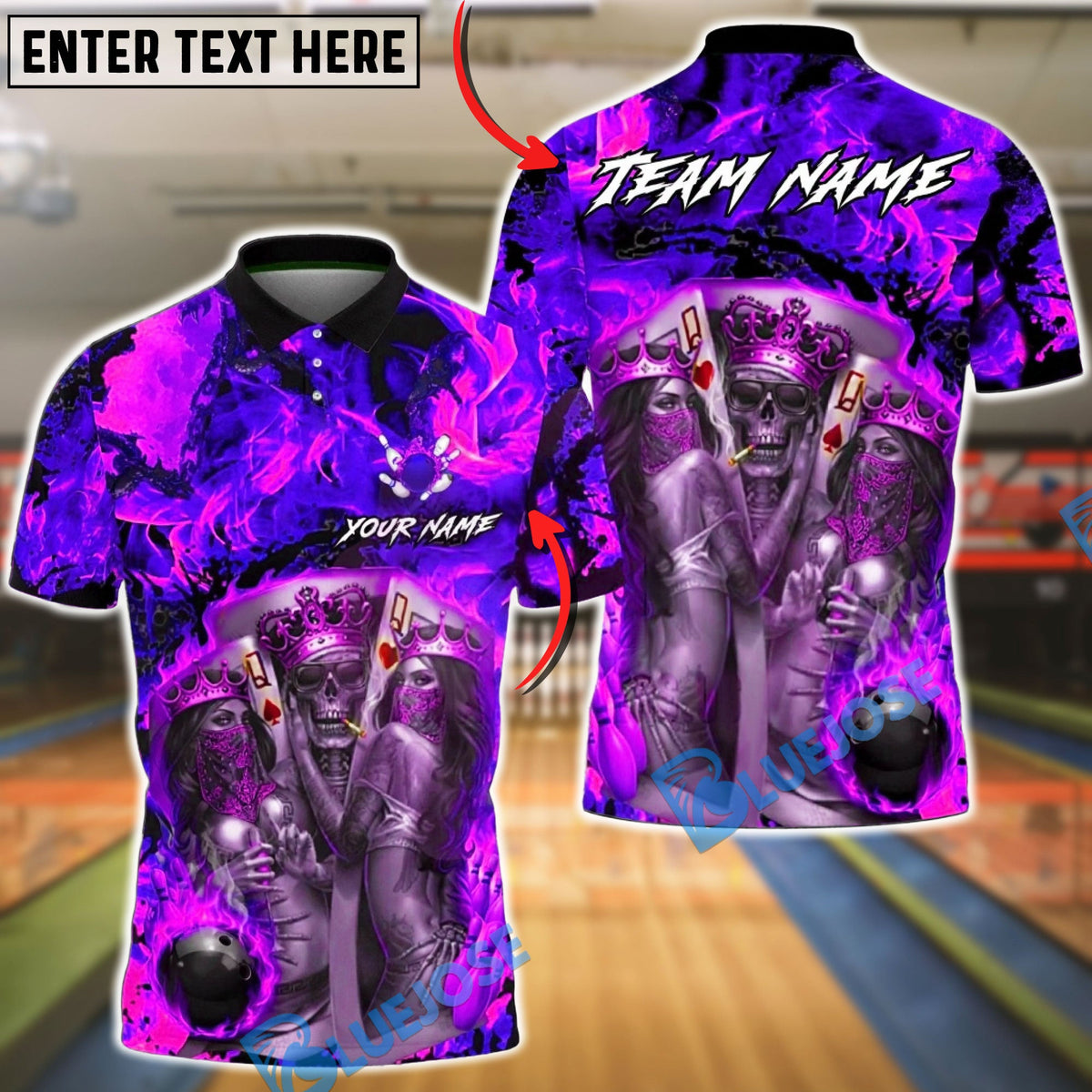 BlueJose Bowling & Pins Royal Skull King Queen Casino Art  Customized Name, Team Name 3D Shirt (4 Colors)