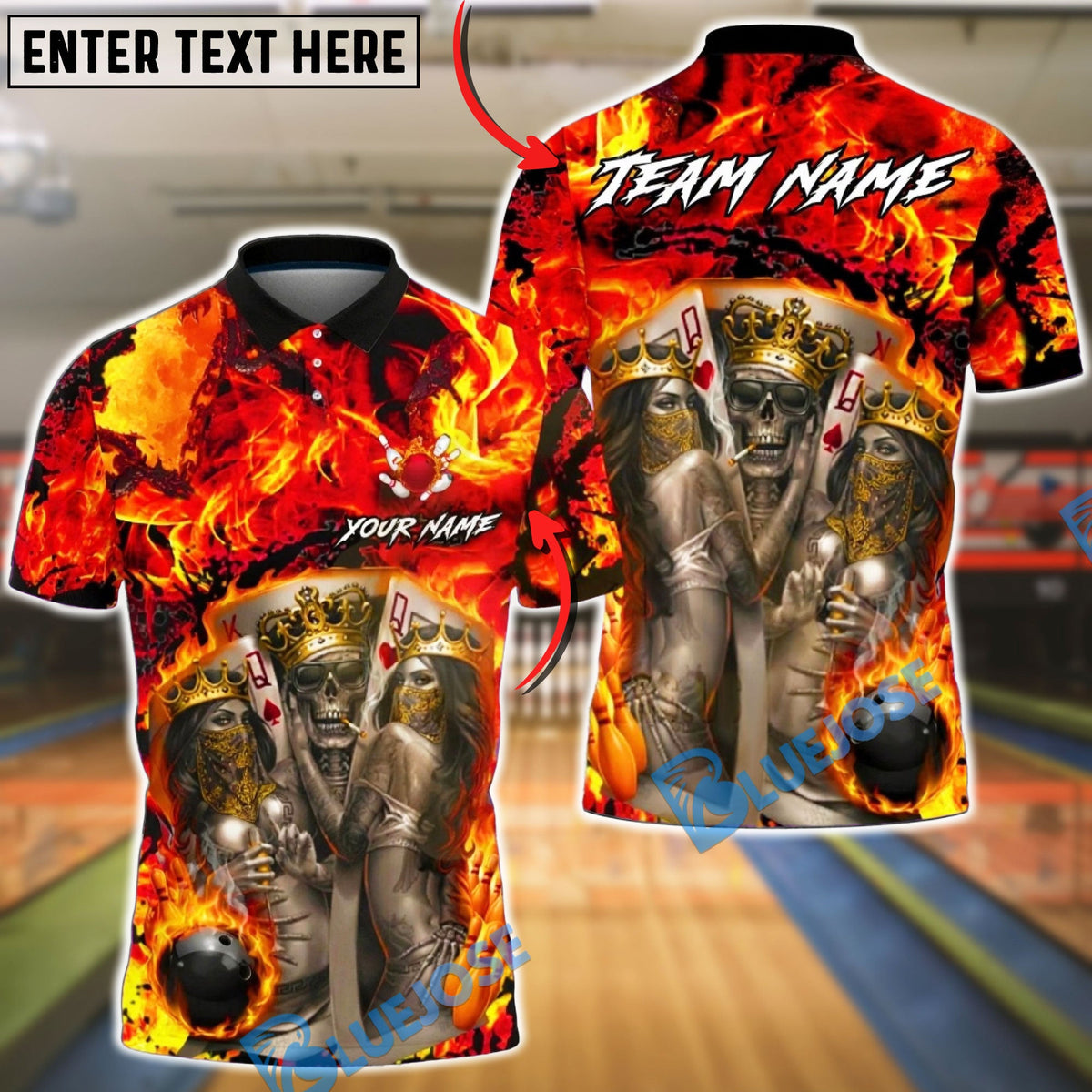 BlueJose Bowling &amp; Pins Royal Skull King Queen Casino Art  Customized Name, Team Name 3D Shirt (4 Colors)