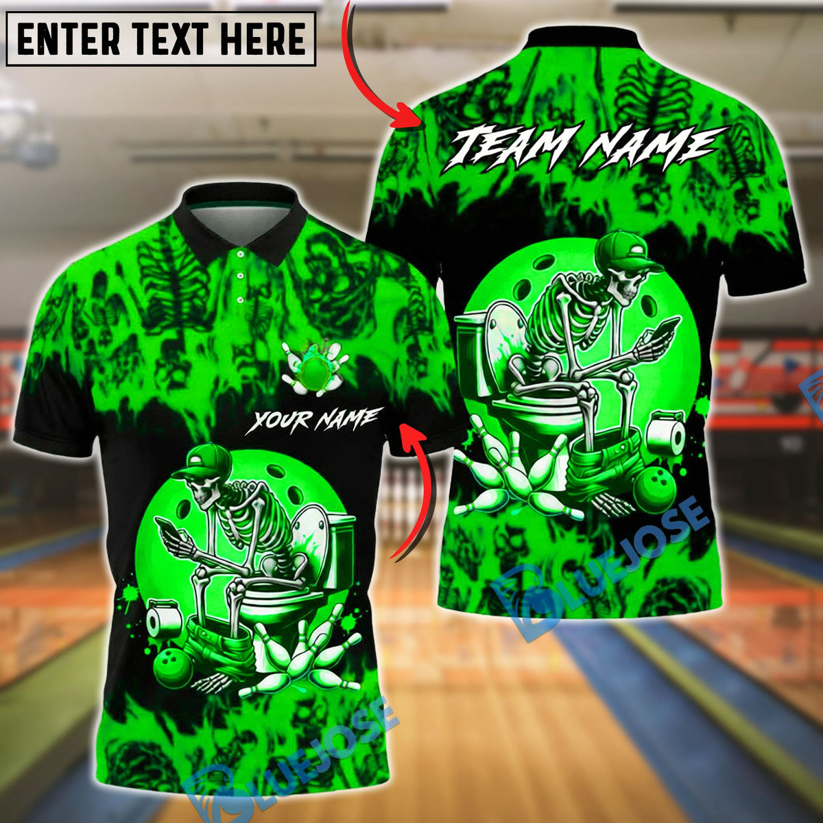 BlueJose Bowling & Pins Funny Skeleton Toilet Humor Art Customized Name, Team Name 3D Shirt (4 Colors)