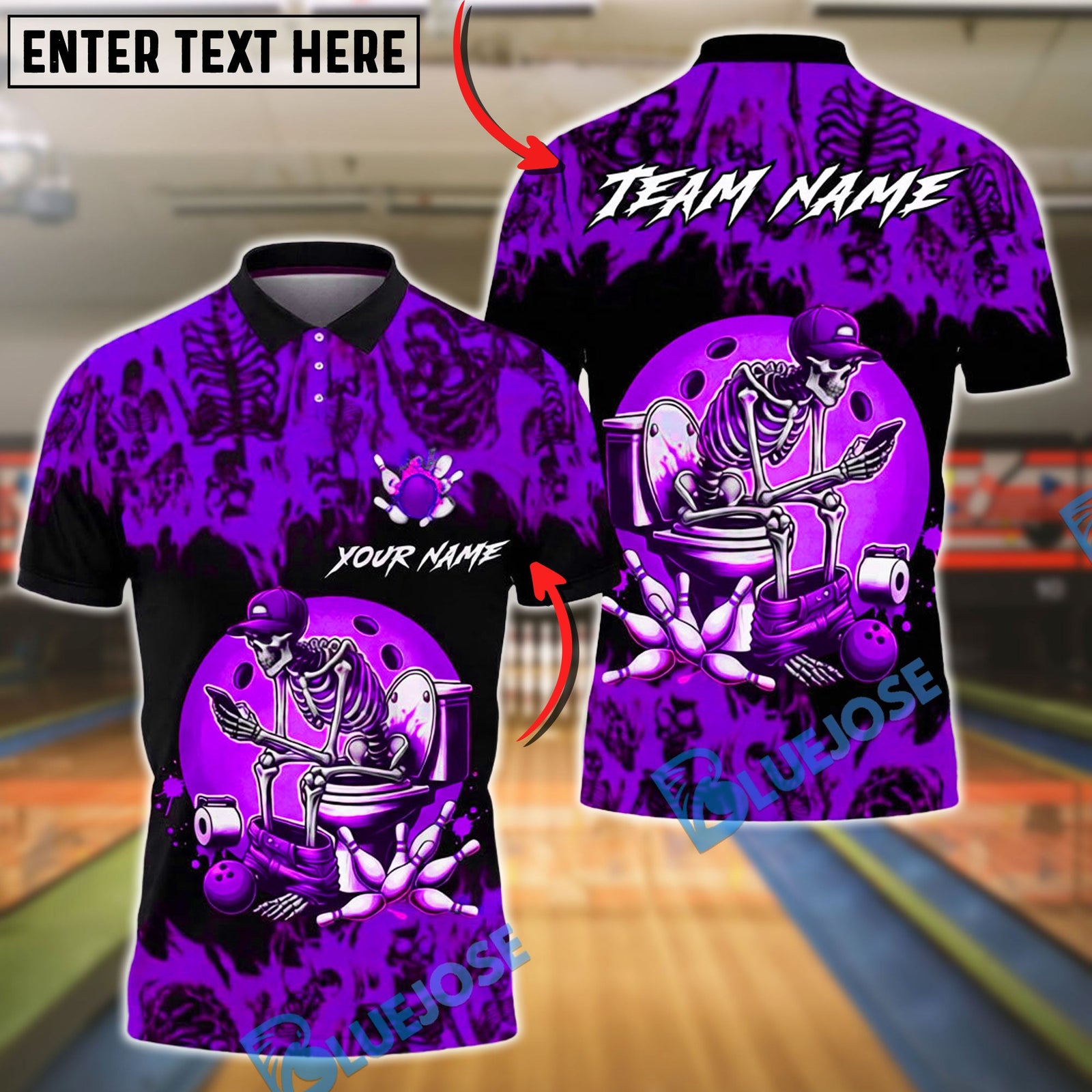BlueJose Bowling & Pins Funny Skeleton Toilet Humor Art Customized Name, Team Name 3D Shirt (4 Colors)
