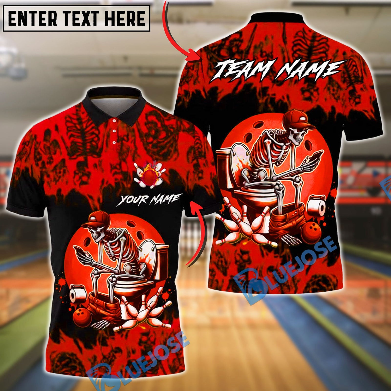 BlueJose Bowling & Pins Funny Skeleton Toilet Humor Art Customized Name, Team Name 3D Shirt (4 Colors)