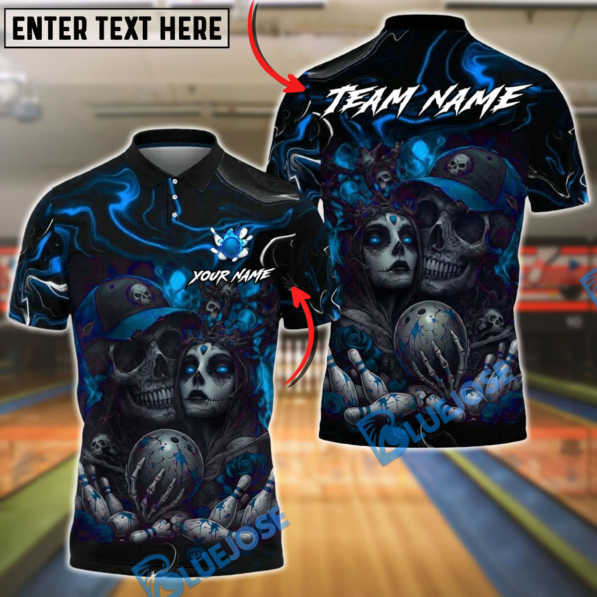 BlueJose Bowling & Pins Bloody Skull Couple Horror Art Customized Name, Team Name 3D Shirt (4 Colors)