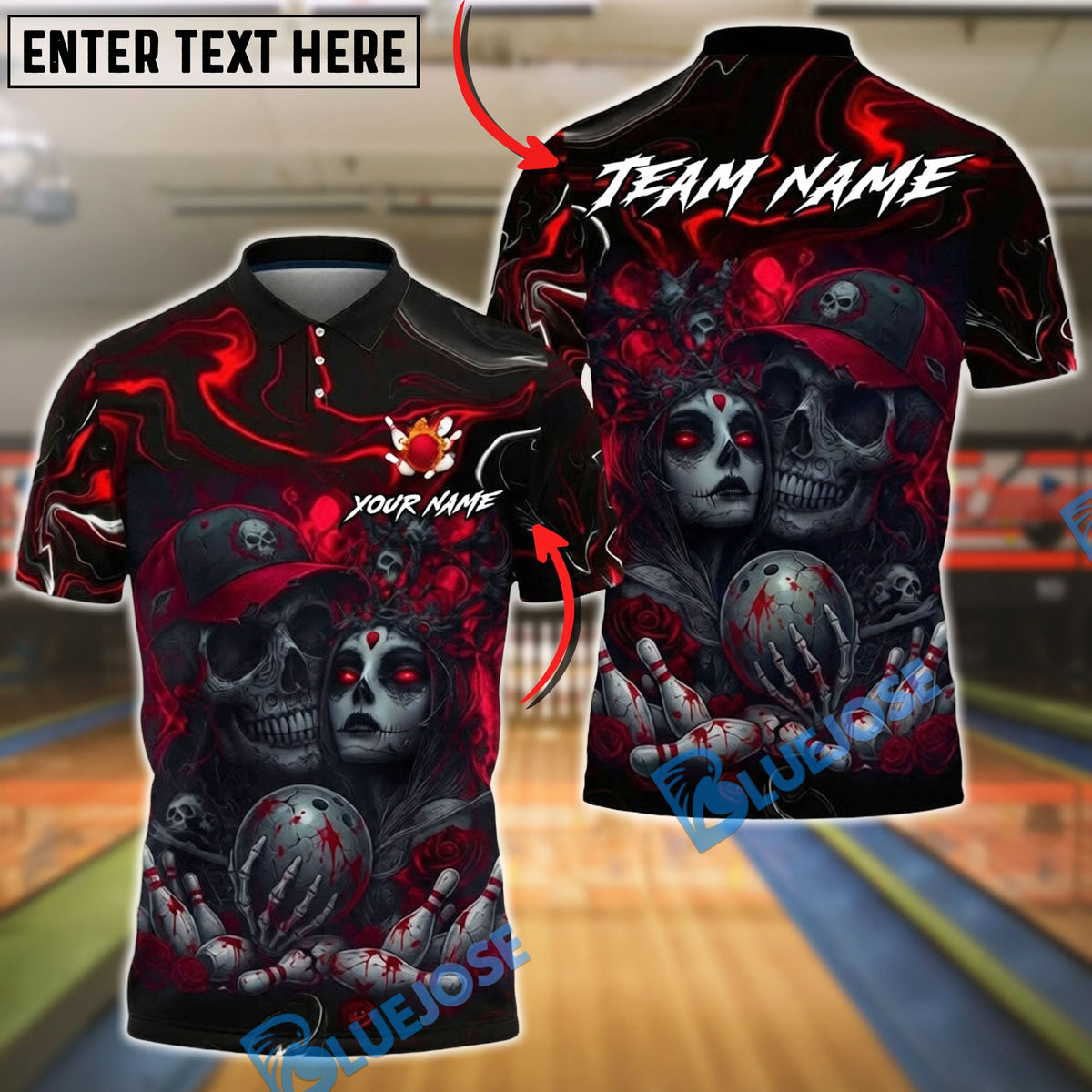 BlueJose Bowling &amp; Pins Bloody Skull Couple Horror Art Customized Name, Team Name 3D Shirt (4 Colors)