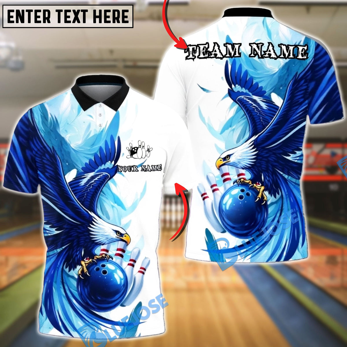 BlueJose Bowling &amp; Pins Eagle Feather Strike Art Customized Name, Team Name 3D Shirt (4 Colors)