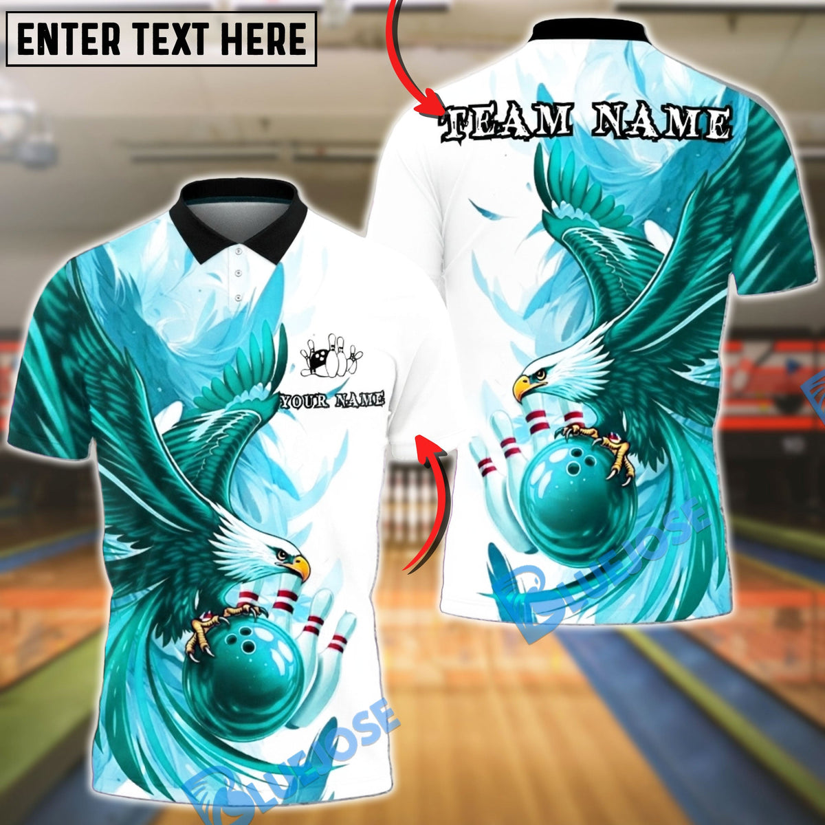 BlueJose Bowling & Pins Eagle Feather Strike Art Customized Name, Team Name 3D Shirt (4 Colors)