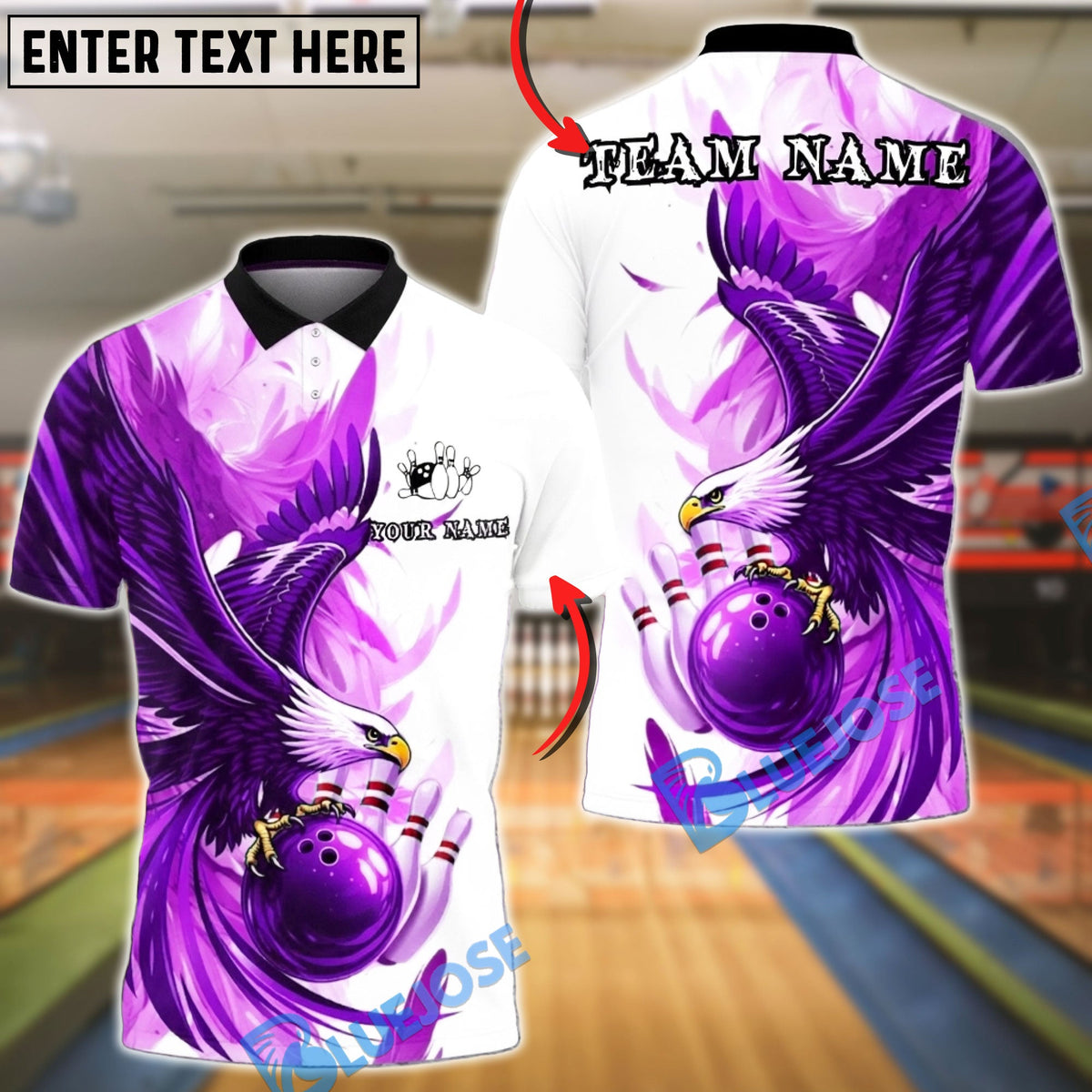 BlueJose Bowling & Pins Eagle Feather Strike Art Customized Name, Team Name 3D Shirt (4 Colors)