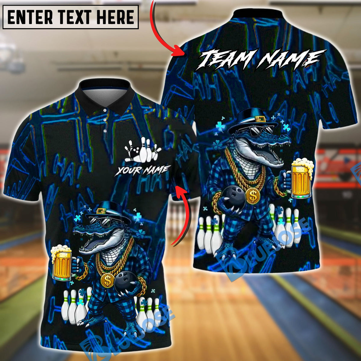 BlueJose Bowling & Pins Lucky Irish Crocodile Beer Customized Name, Team Name 3D Shirt (4 Colors)