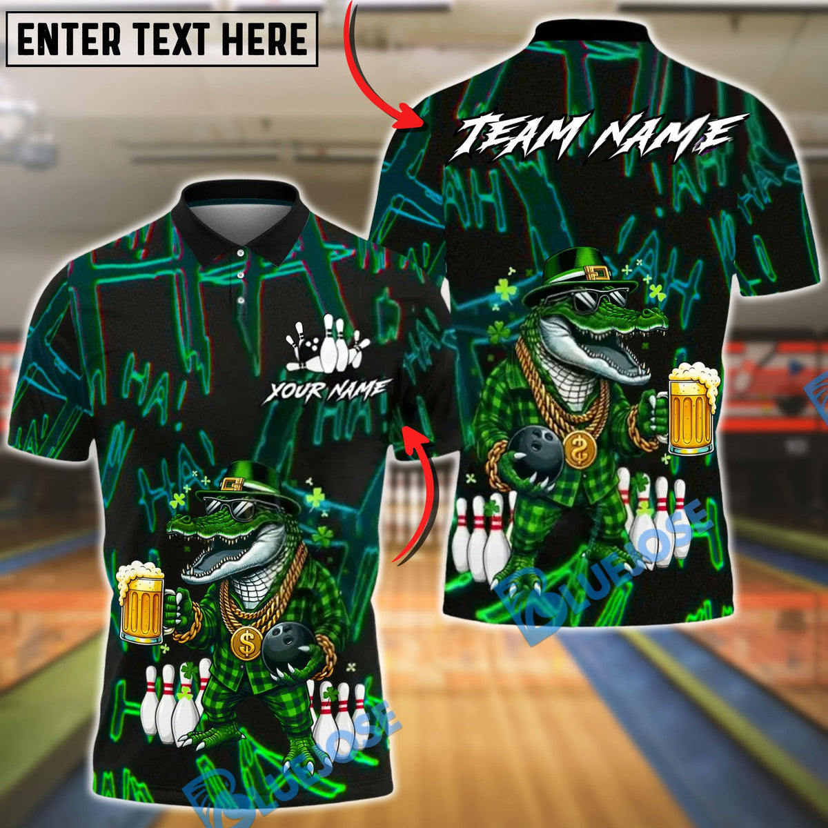 BlueJose Bowling &amp; Pins Lucky Irish Crocodile Beer Customized Name, Team Name 3D Shirt (4 Colors)