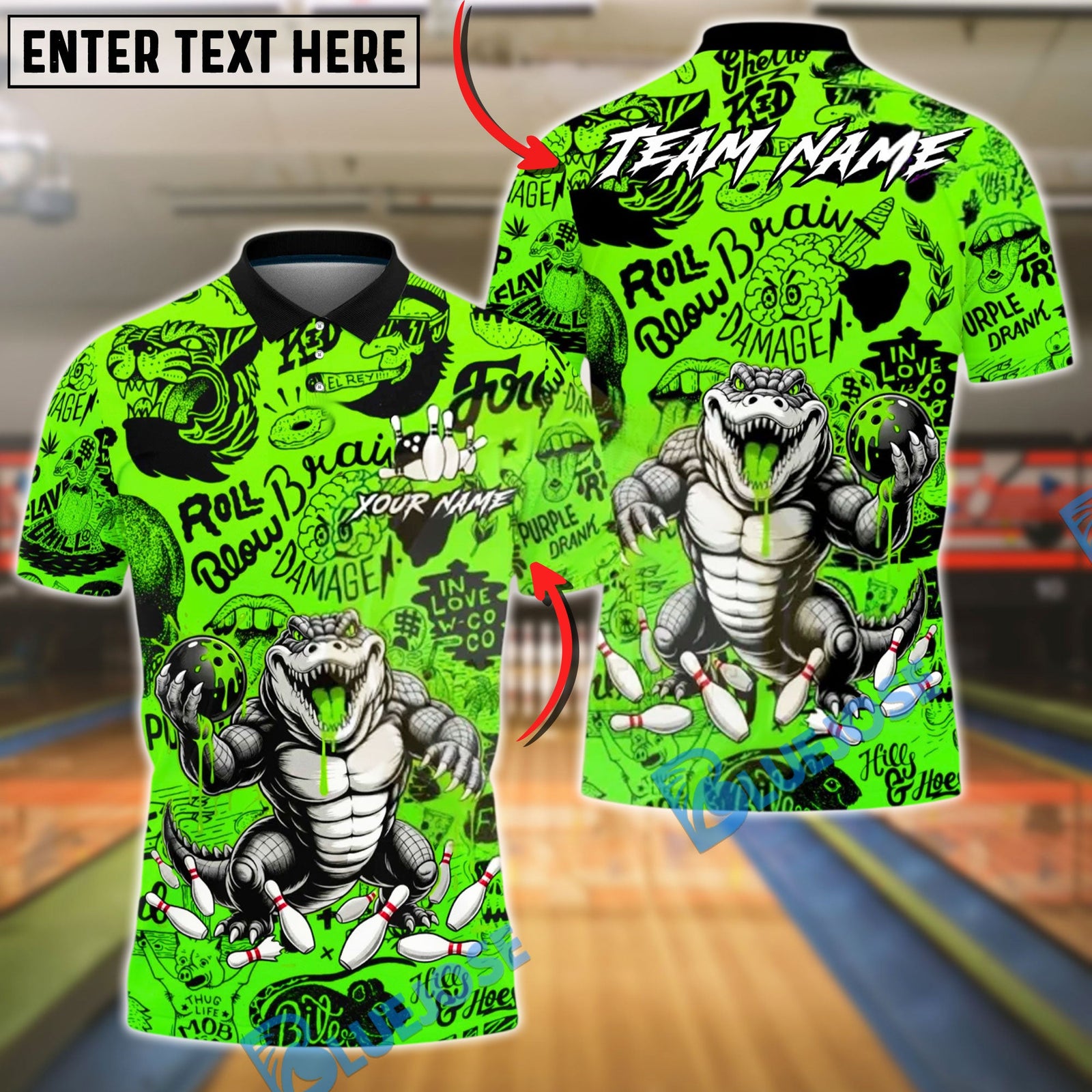 BlueJose Bowling & Pins Slime Graffiti Crocodile Customized Name, Team Name 3D Shirt (4 Colors)