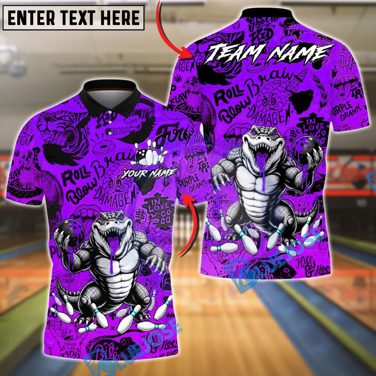BlueJose Bowling & Pins Slime Graffiti Crocodile Customized Name, Team Name 3D Shirt (4 Colors)
