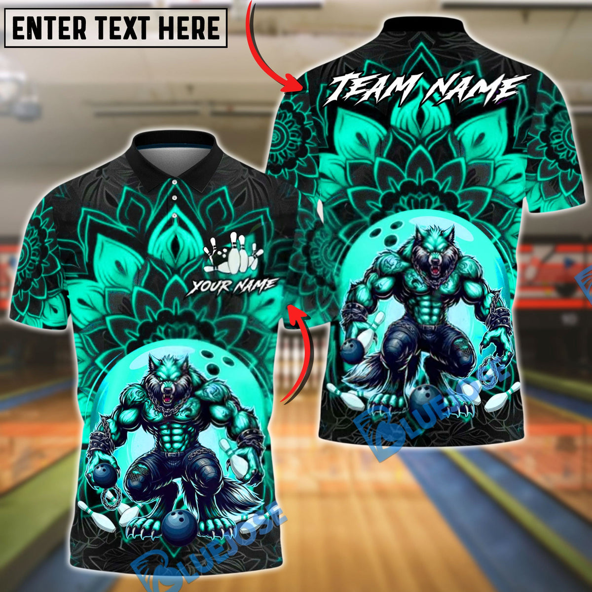 BlueJose Bowling &amp; Pins Mandala Werewolf Power Customized Name, Team Name 3D Shirt (4 Colors)