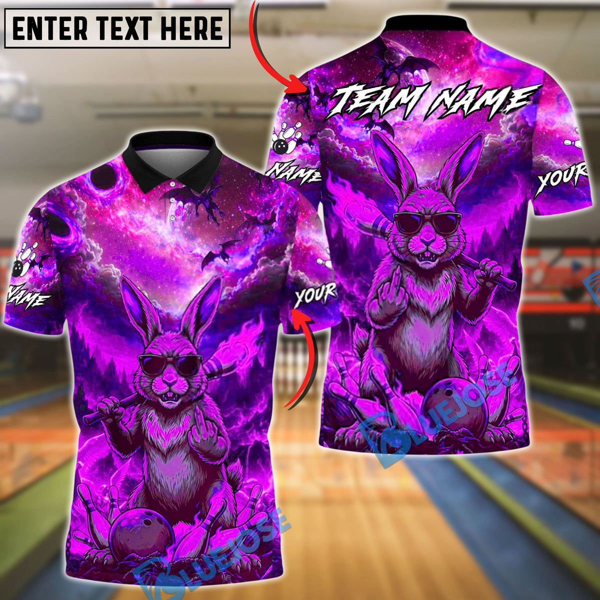 BlueJose Bowling & Pins Fire Rebel Bunny Galaxy Customized Name, Team Name 3D Shirt (4 Colors)
