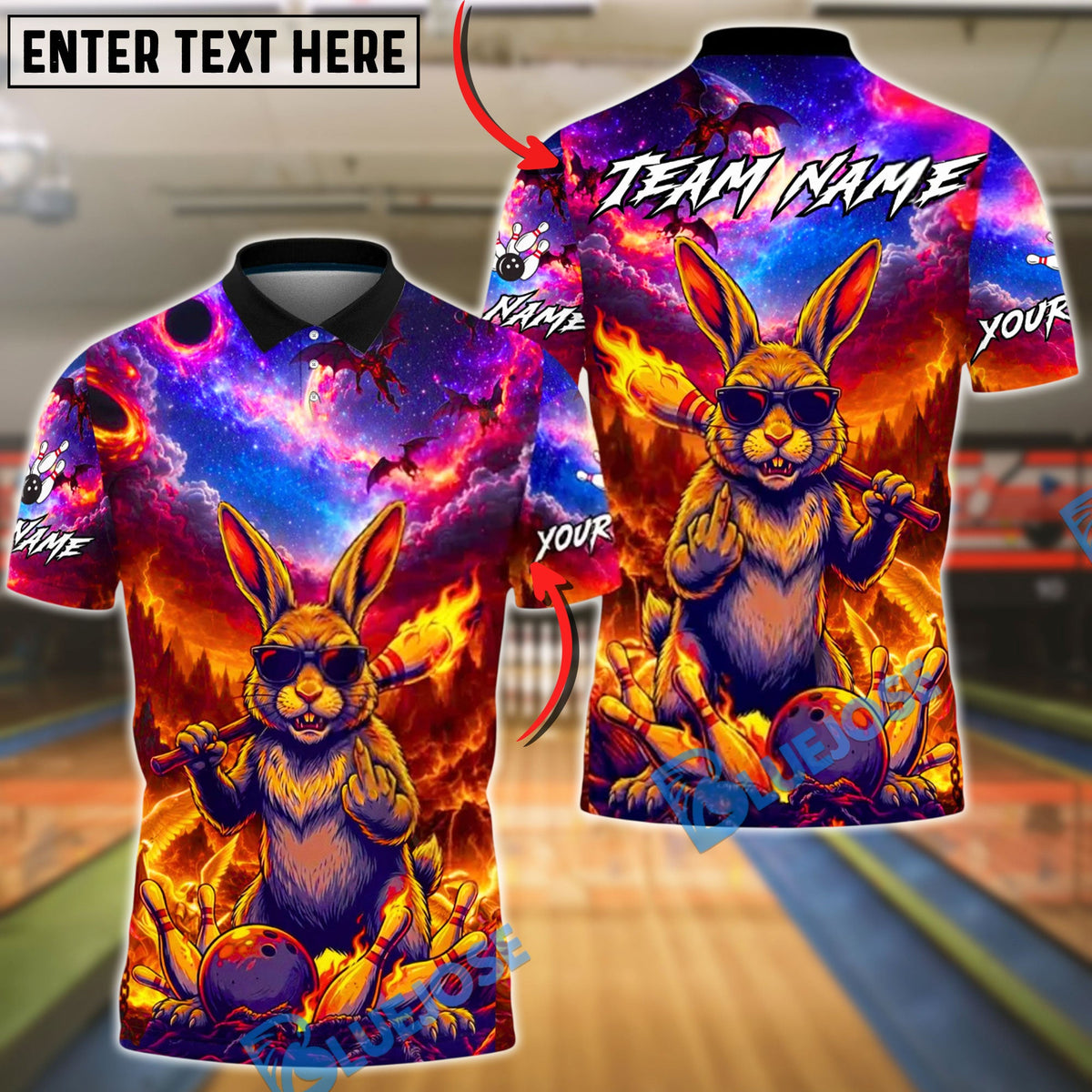 BlueJose Bowling &amp; Pins Fire Rebel Bunny Galaxy Customized Name, Team Name 3D Shirt (4 Colors)
