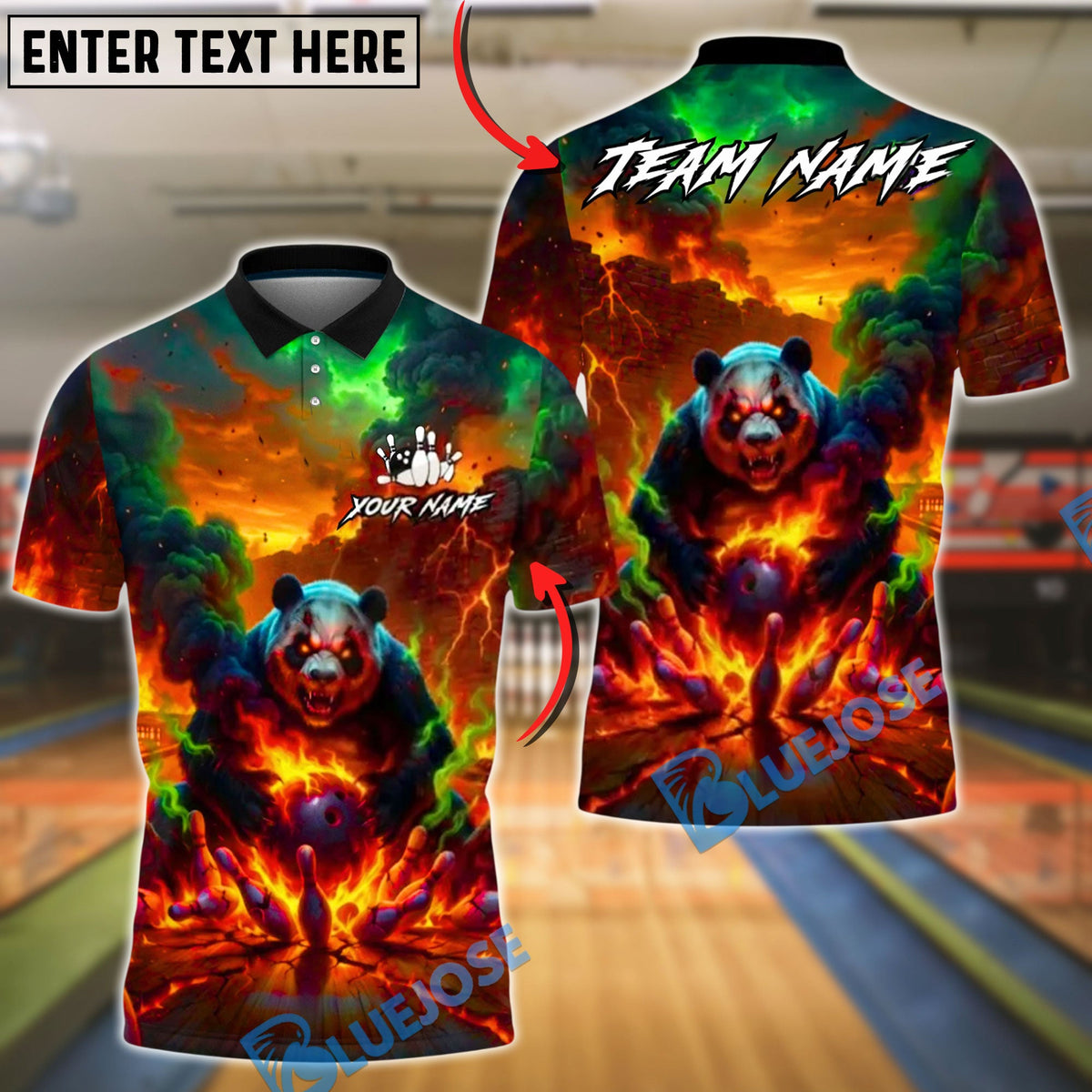 BlueJose Bowling &amp; Pins Fire Panda Apocalypse Strike Design Customized Name, Team Name 3D Shirt (4 Colors)