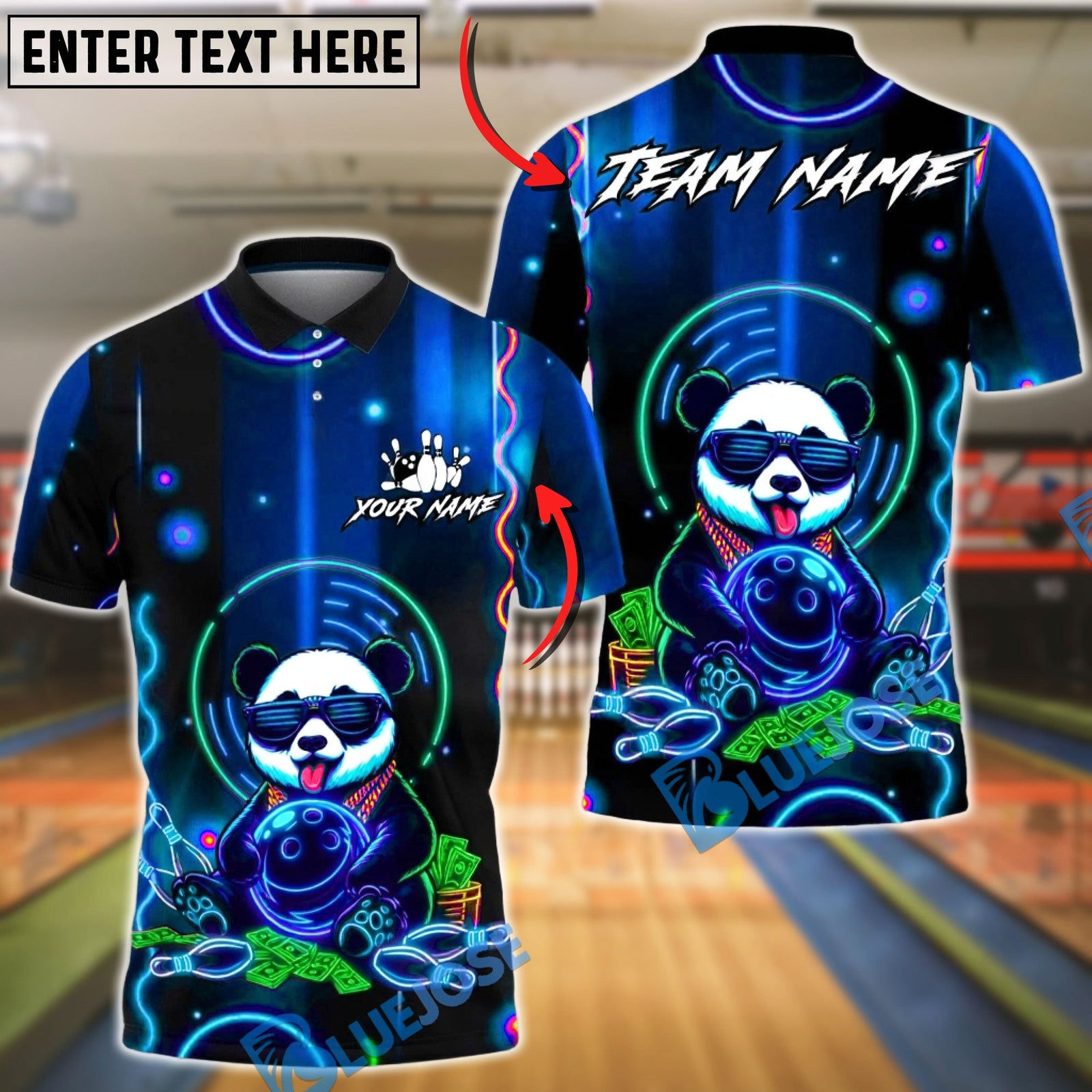 BlueJose Bowling & Pins Neon Panda Money Style Customized Name, Team Name 3D Shirt (4 Colors)