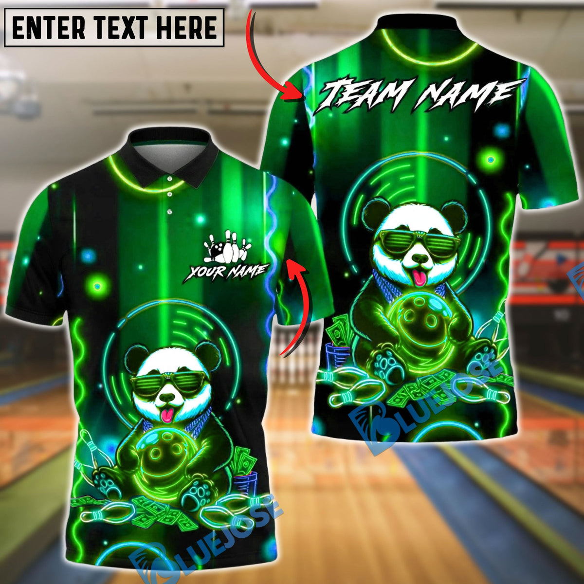 BlueJose Bowling & Pins Neon Panda Money Style Customized Name, Team Name 3D Shirt (4 Colors)