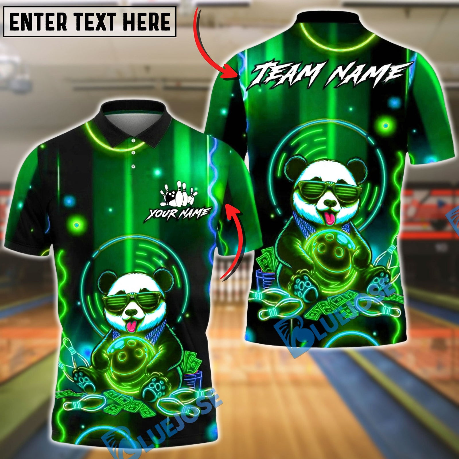 BlueJose Bowling & Pins Neon Panda Money Style Customized Name, Team Name 3D Shirt (4 Colors)