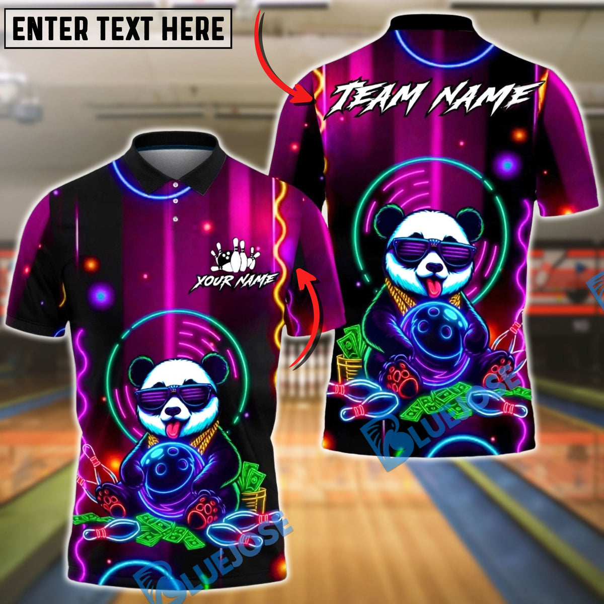 BlueJose Bowling &amp; Pins Neon Panda Money Style Customized Name, Team Name 3D Shirt (4 Colors)