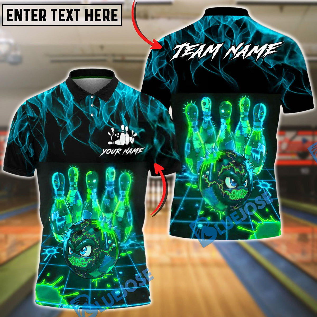 BlueJose Bowling &amp; Pins Neon Cyber Electric Art Customized Name, Team Name 3D Shirt (4 Colors)